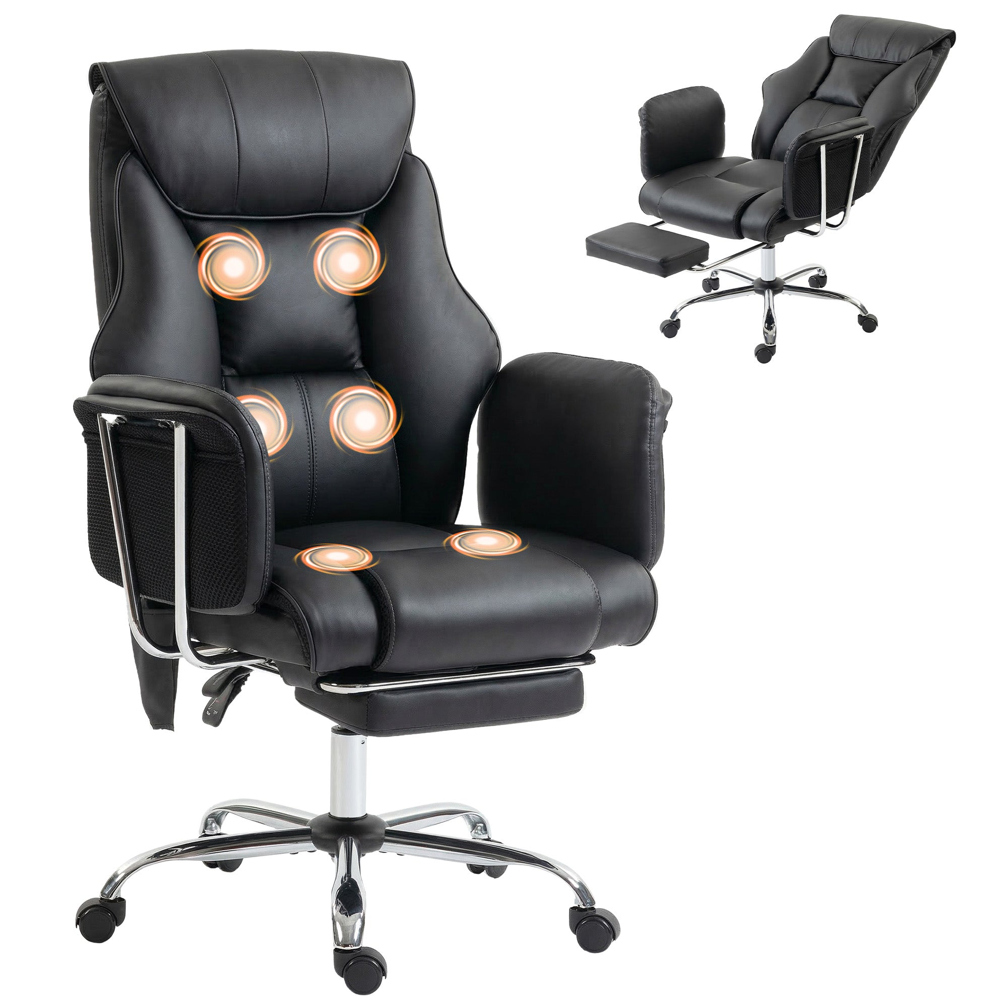Massage Office Chair with 6-Point Vibration, Overstuffed Reclining Desk Chair with High Back, PU Leather, Footrest, Thick Spring Cushion, Lumbar Support, Adjustable Height, Swivel Wheels, Black
