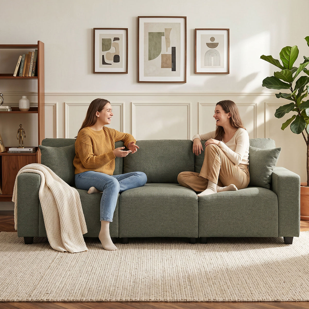 3 Seater Sofa, Linen-Look Fabric Upholstered Small Couch, Modern Sofa Settee with Storage Pockets, Pocket Springs and 2 Pillows for Living Room, Green