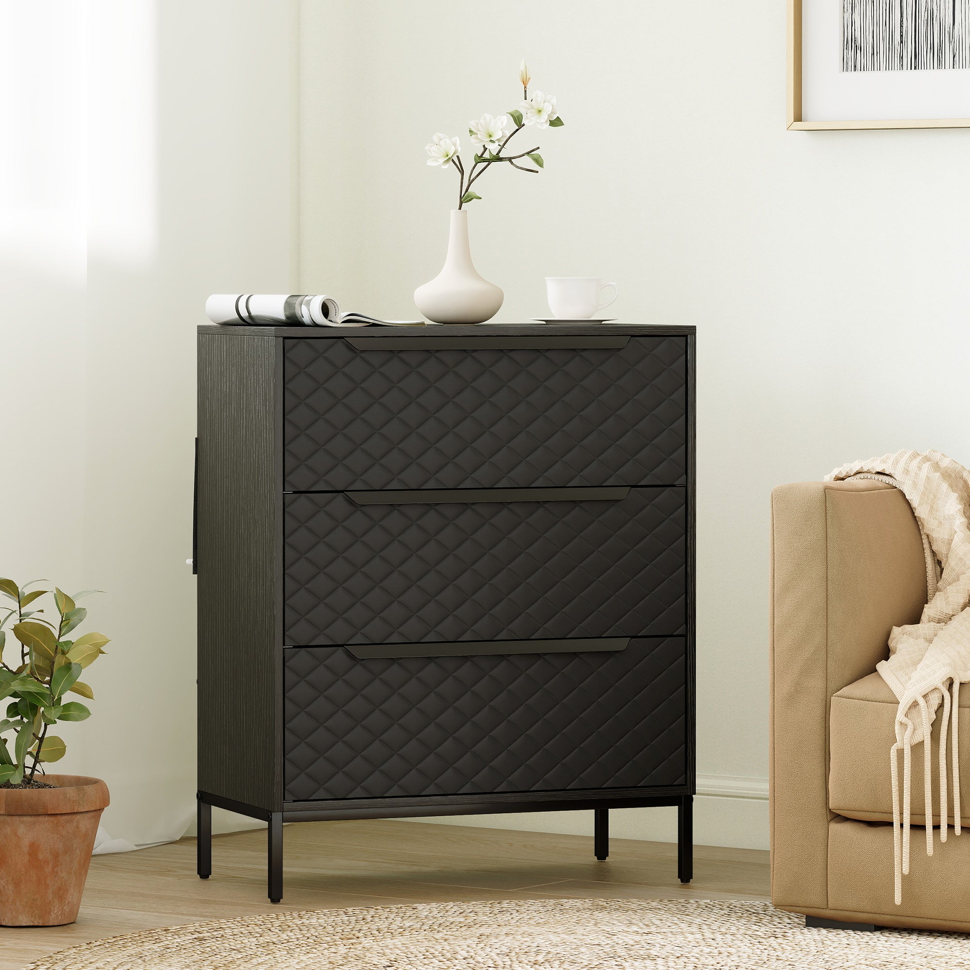 Chest of Drawers, Dresser with 3 Fabric Drawers, Bedroom Storage Unit with Aluminium Handles and Wood-effect Top for Living Room, Hallway, Entryway, Black
