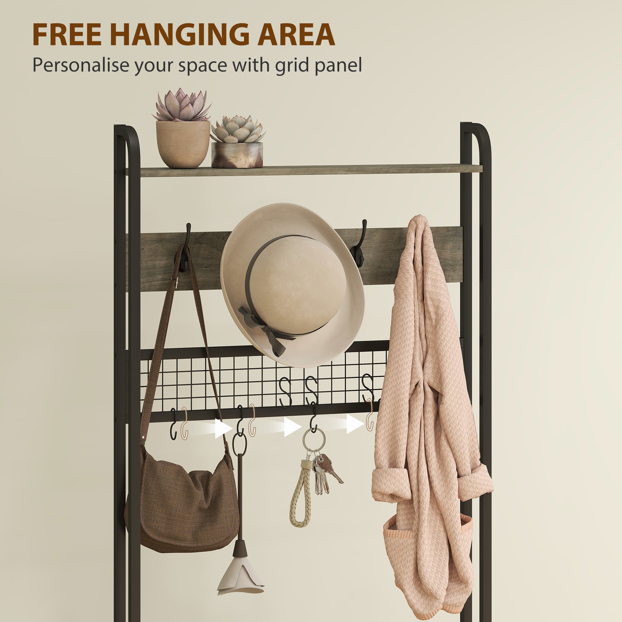 Coat Rack with Shoe Storage Bench and Grid Panel, Hall Tree, 5-In-1 Industrial Coat Rack Stand with Shoe Cabinet and 10 Hooks for Hallway, Entryway, Living Room, Grey