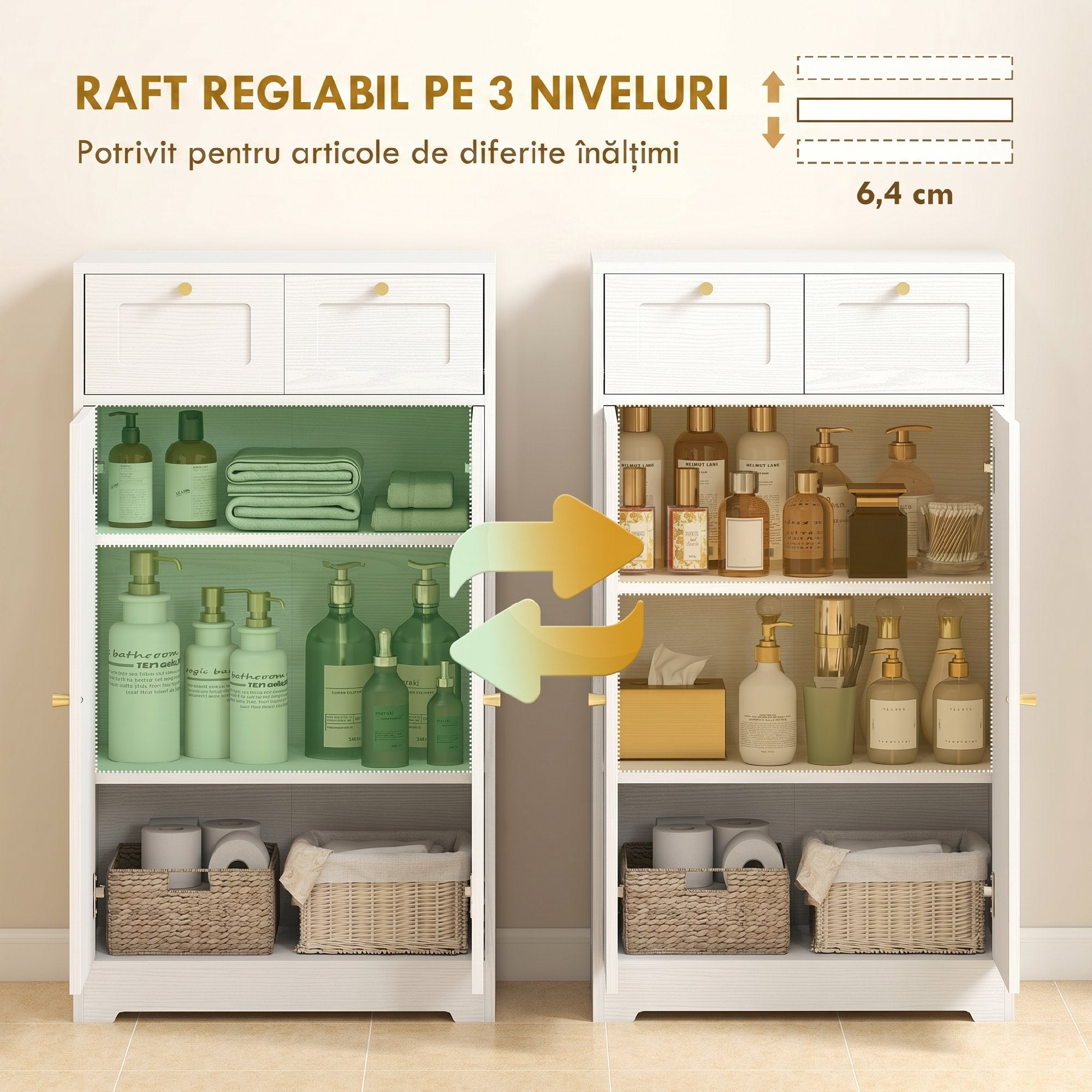 Bathroom Floor Cabinet with 2 Drawers, Freestanding Bathroom Storage Unit with Adjustable Shelf and Arched Doors, White