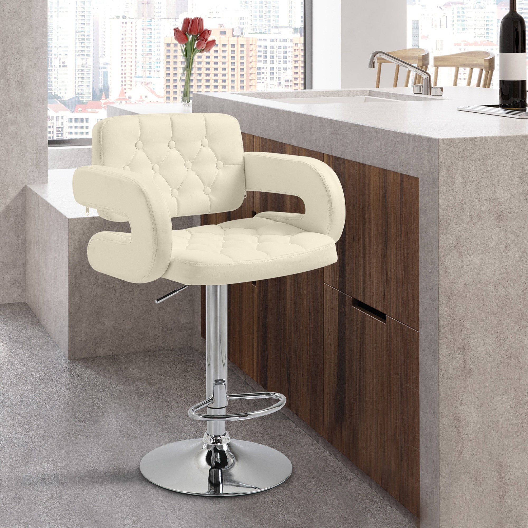 HOMCOM Swivel Bar Stool with Extra Large Seat, PU Leather Upholstered Adjustable Barstool with Back, Arm and Footrest, Breakfast Bar Chair for Bistro, Kitchen, Beige