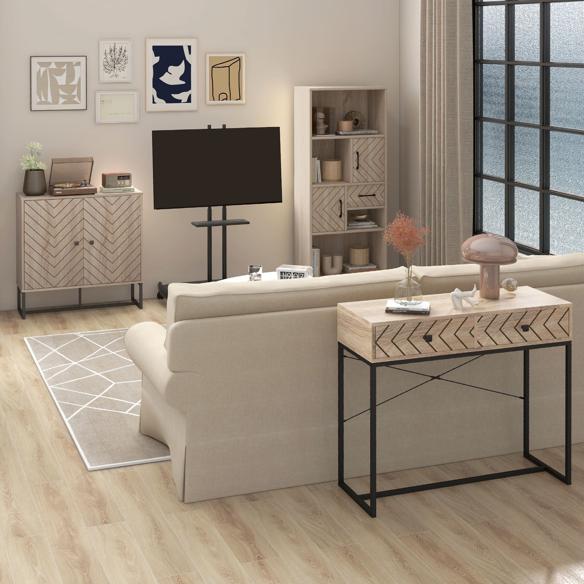 Modern Sideboard, 31.5" Buffet Cabinet with Adjustable Shelf, Coffee Bar Cabinet with Steel Base and 2 Chevron Doors, Natural Wood