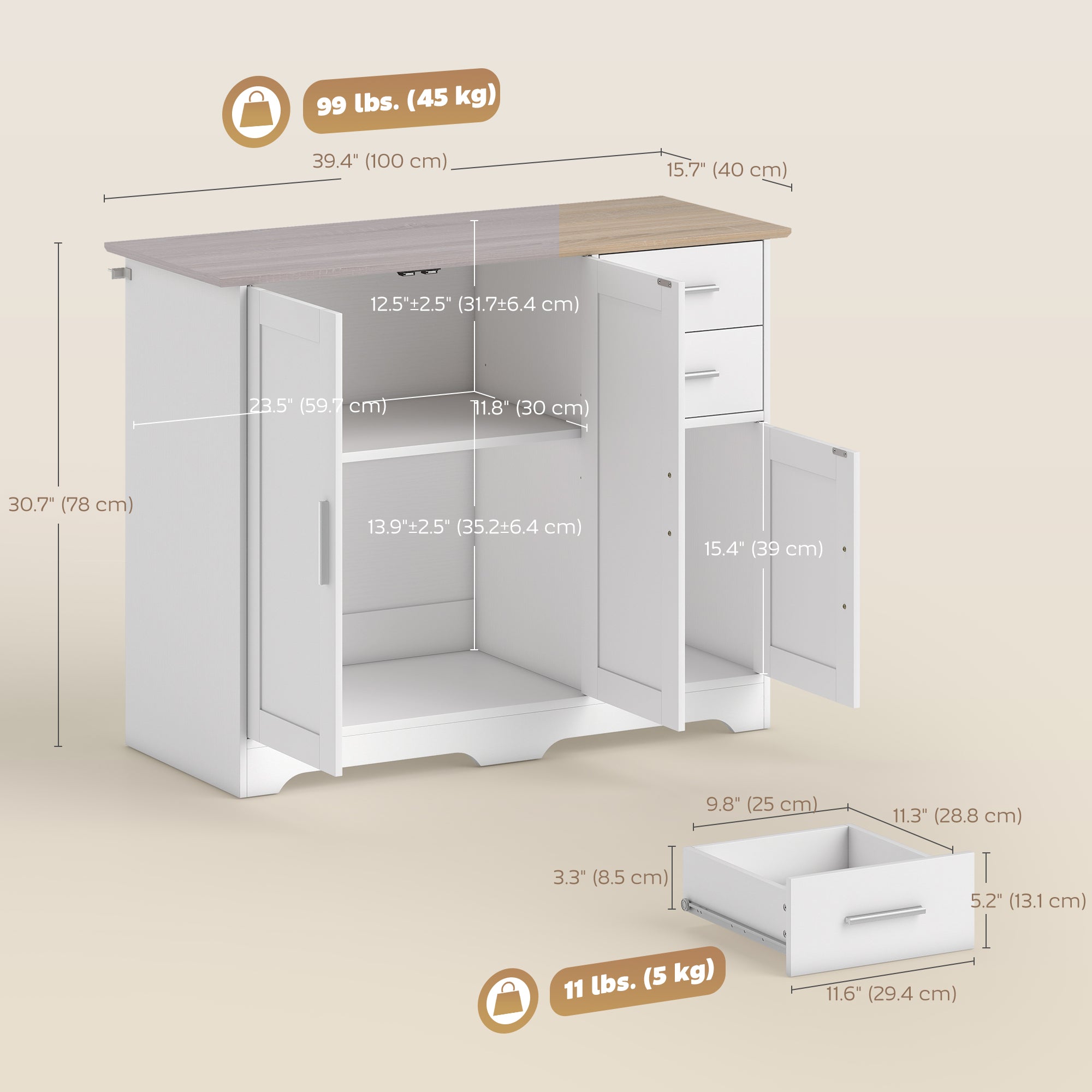 40" Sideboard Buffet Cabinet, Modern Kitchen Storage Cabinet with 2 Drawers, 3 Doors & Adjustable Shelf, Coffee Bar Station, White