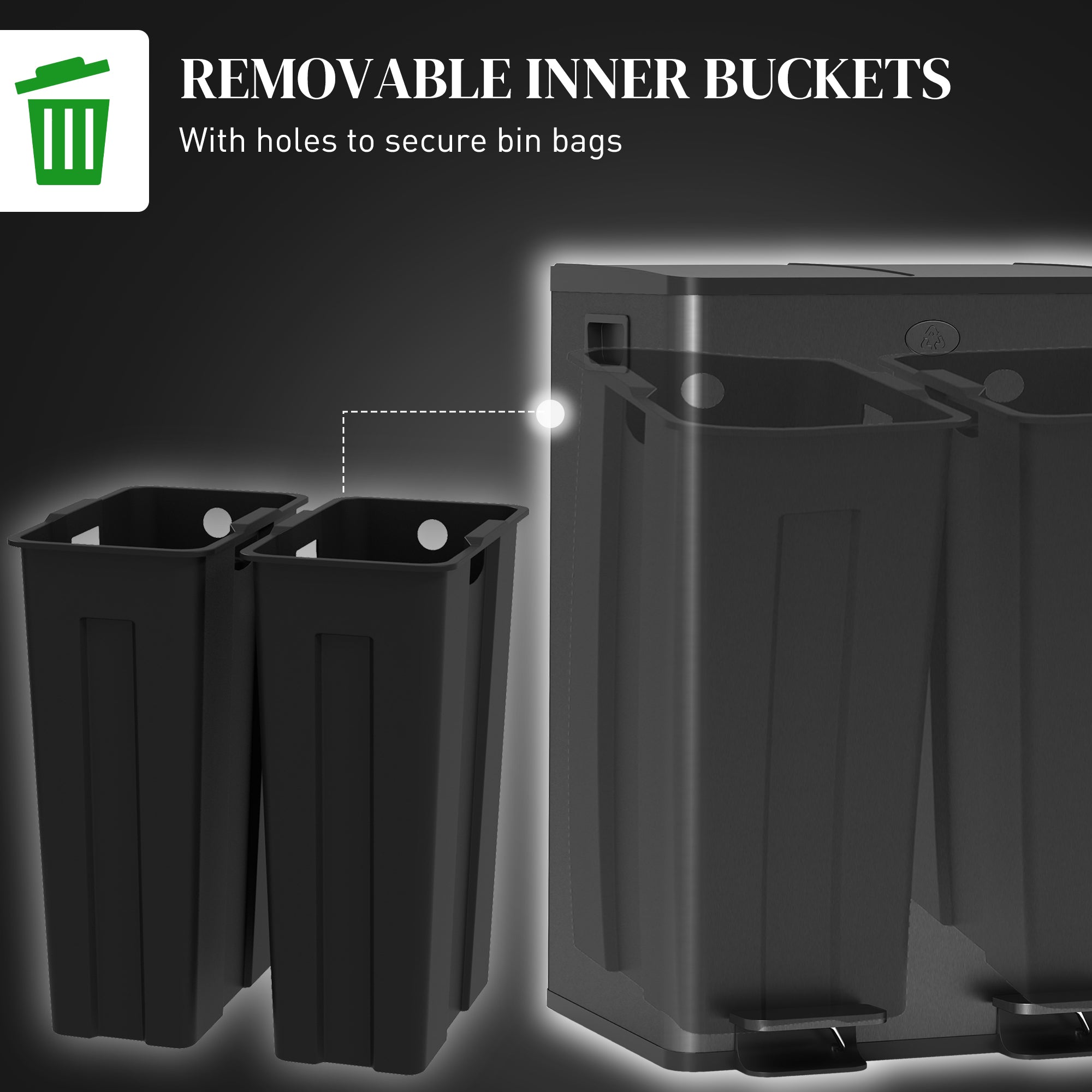 Dual Kitchen Bin, 2 x 28L Stainless Steel Double Rubbish Bin with Soft Close Lid, Removable Inner Buckets, Fingerprint-Proof for Recycling and Waste, Black