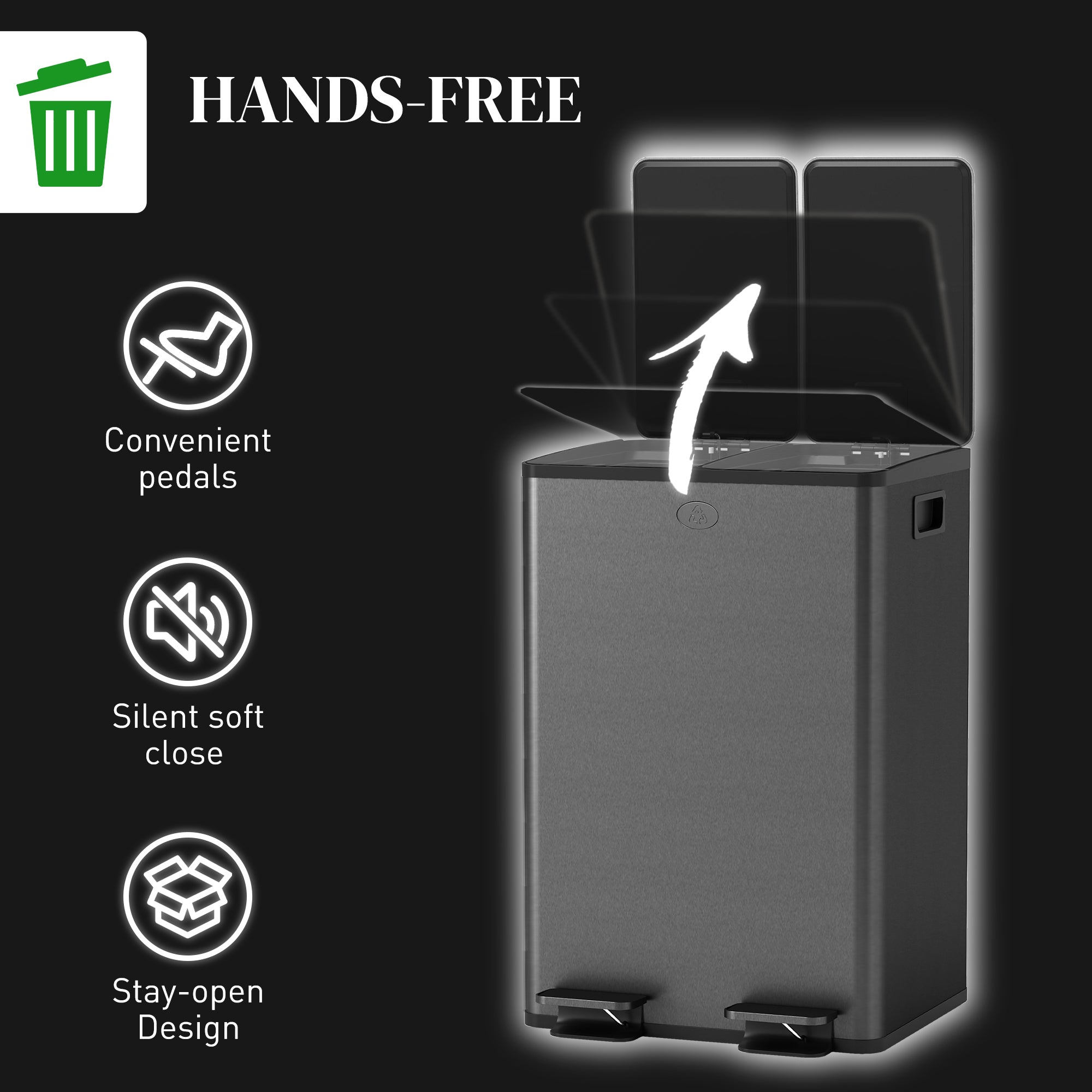 Dual Kitchen Bin, 2 x 28L Stainless Steel Double Rubbish Bin with Soft Close Lid, Removable Inner Buckets, Fingerprint-Proof for Recycling and Waste, Black