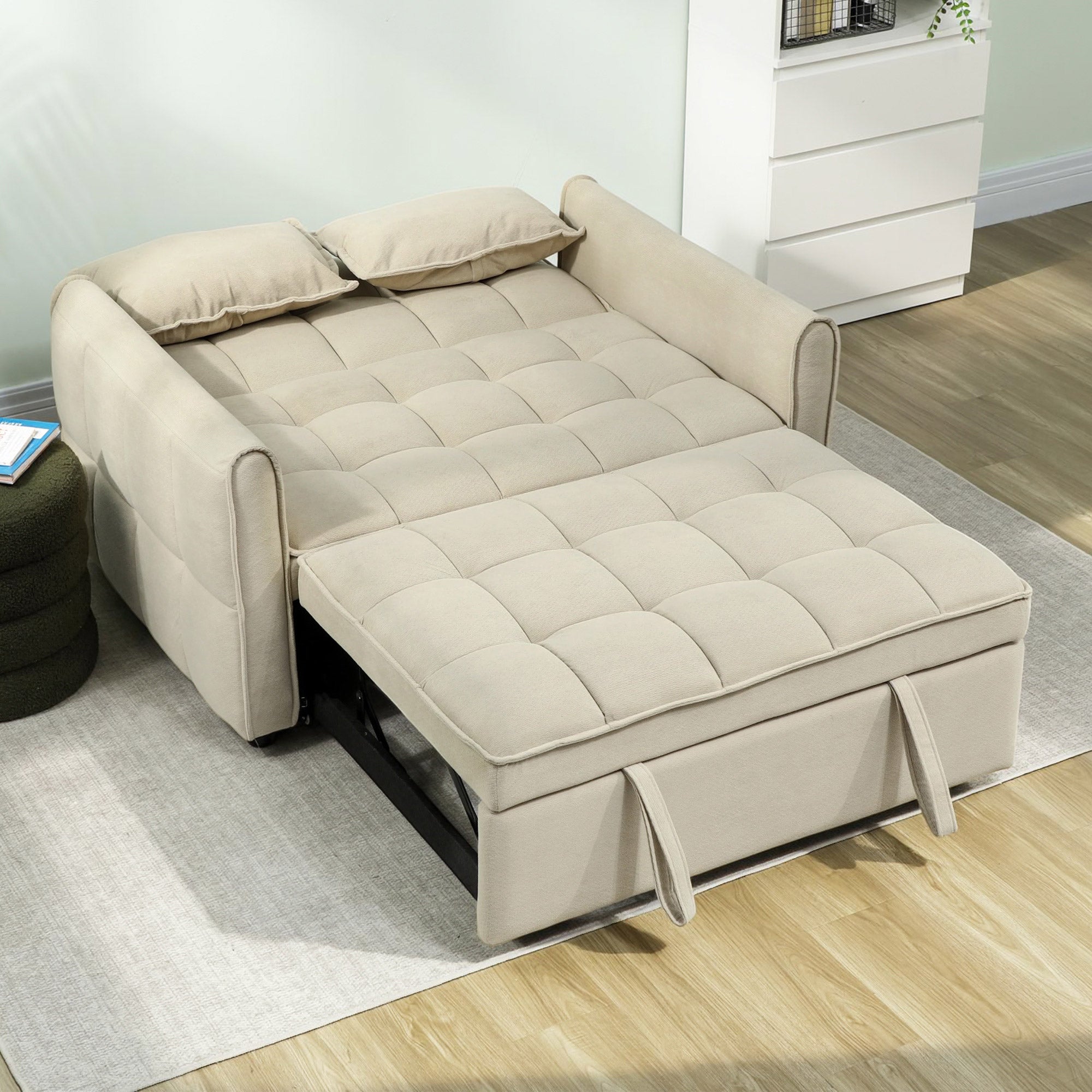 2 Seater Sofa Bed, 3-in-1 Convertible Sleeper Sofa with Click-clack Adjustable Backrest and 2 Pillows, Pull Out Corn Velvet-feel Fabric Bed Settee for Living Room, Guest Room, Light Brown