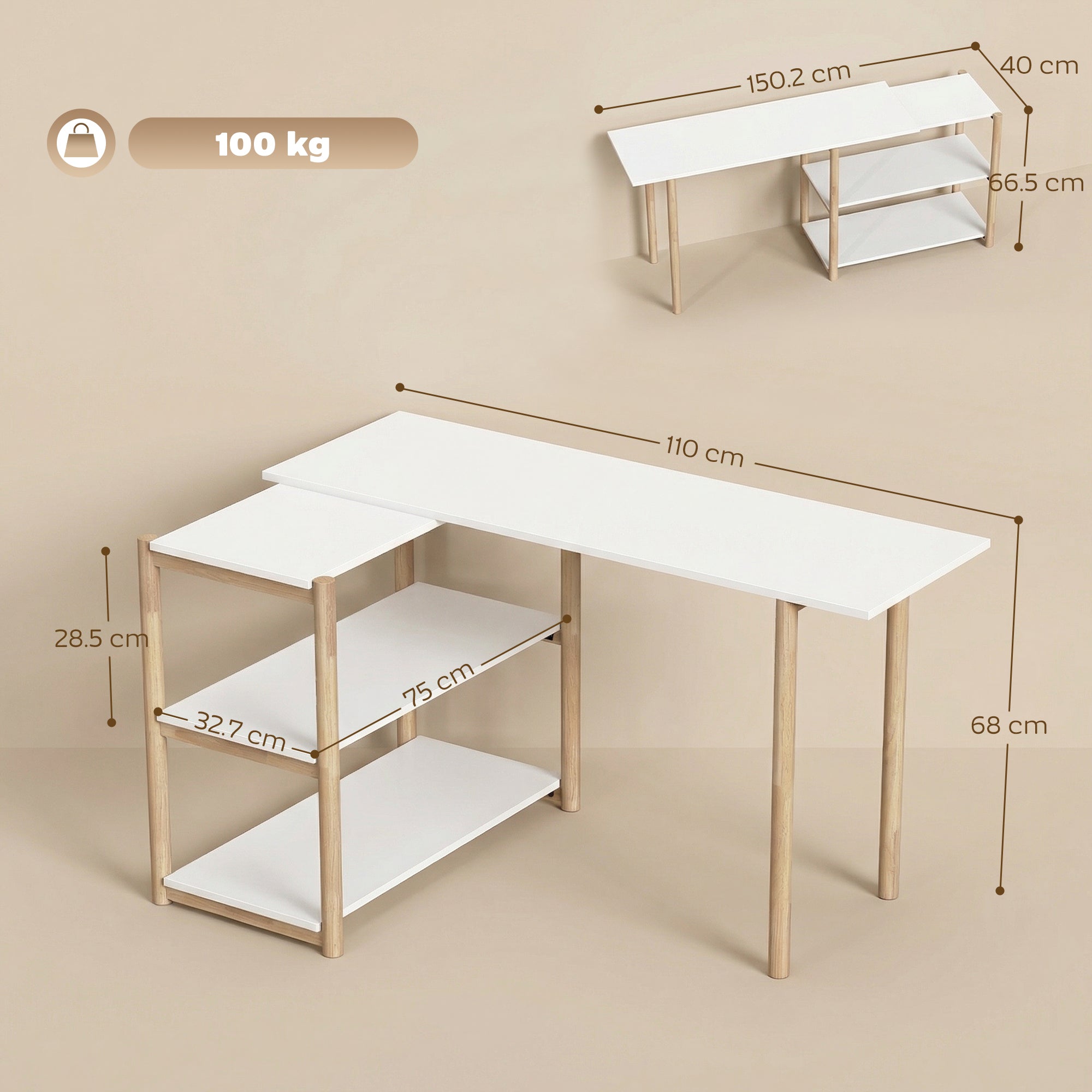 Computer Desk, Modern Writing Desk with Storage Shelves and Bamboo Frame, Easy Assembly Study Table for Home Office, Bedroom, 150 cm, White and Oak