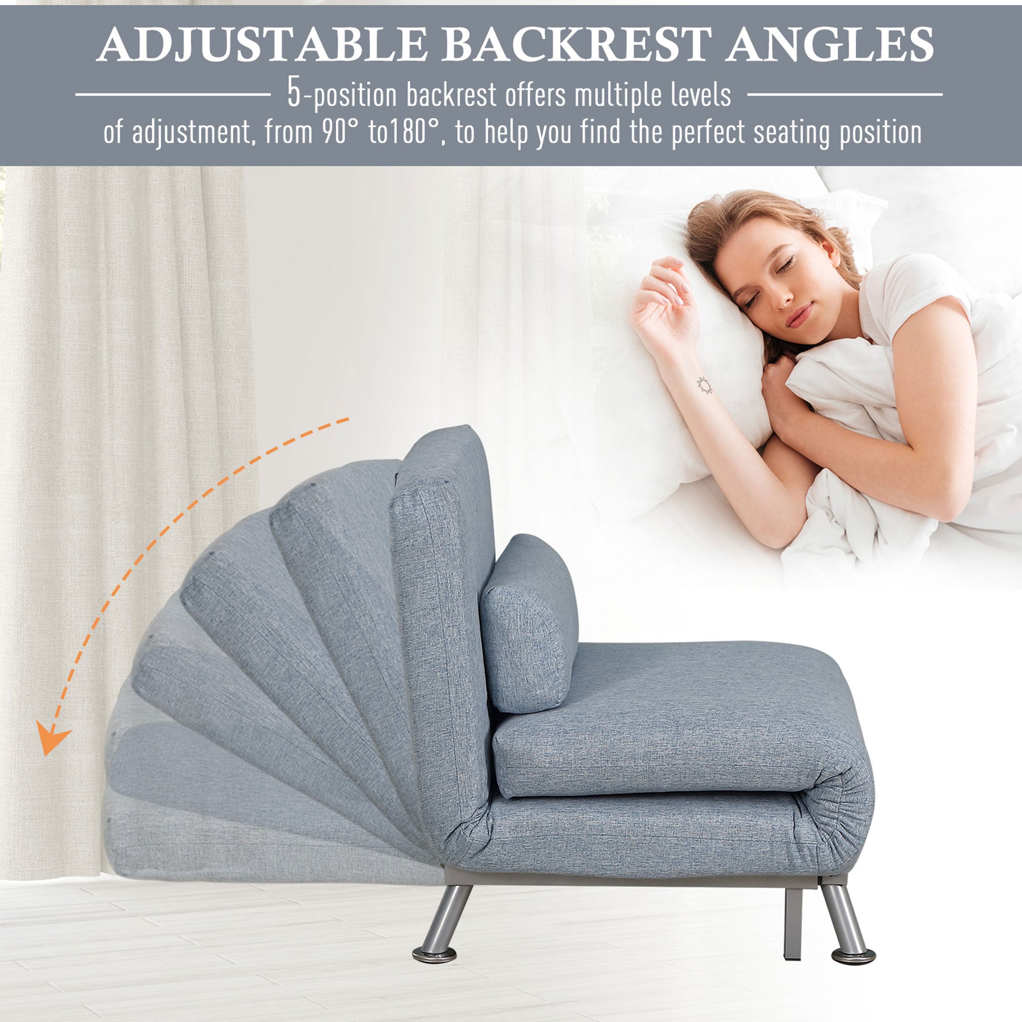 HOMCOM Linen Single Chair Bed, 3-in-1 Convertible Sleeper Chair with Adjustable Backrest, Pillow, for Living Room, Bedroom, Sky Blue