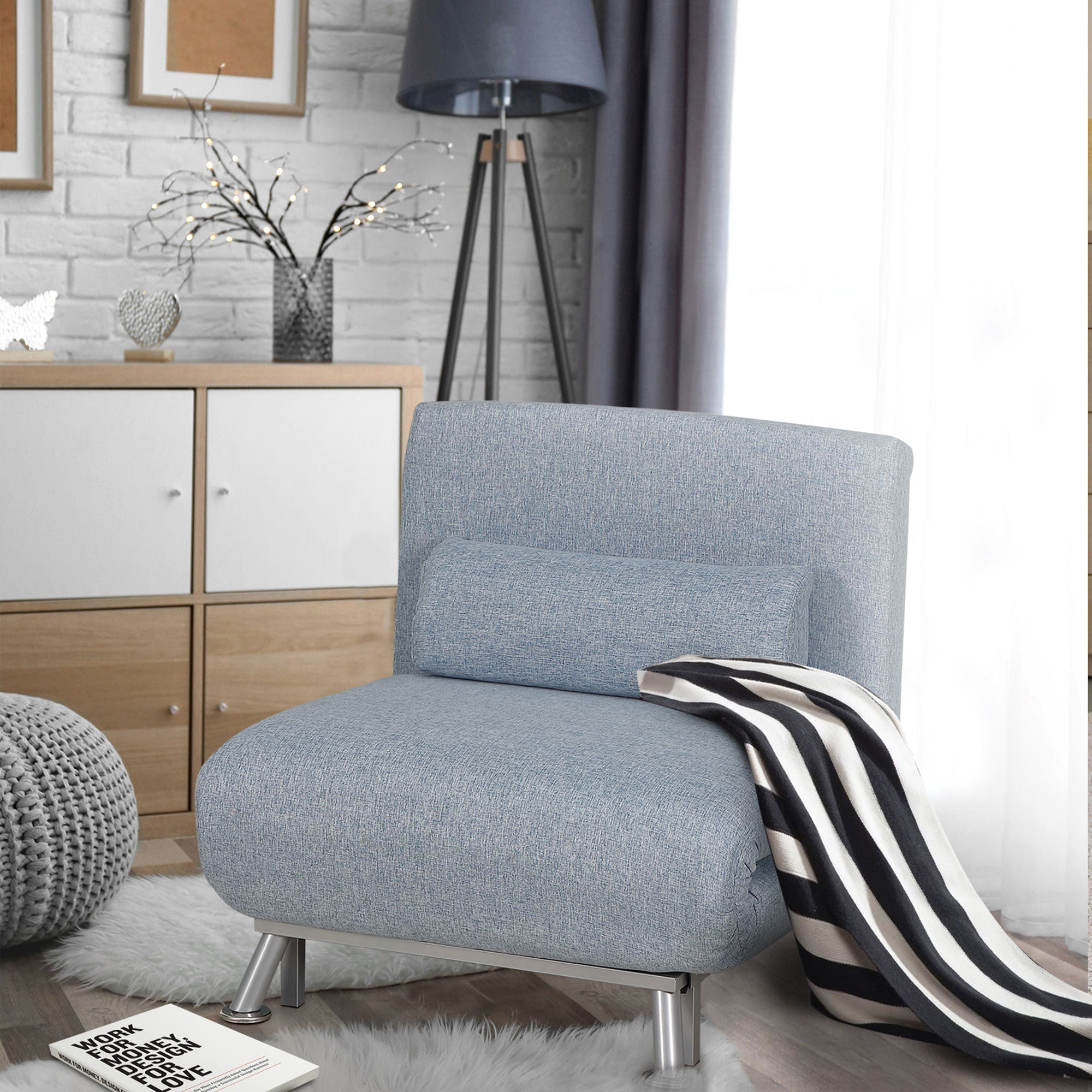 HOMCOM Linen Single Chair Bed, 3-in-1 Convertible Sleeper Chair with Adjustable Backrest, Pillow, for Living Room, Bedroom, Sky Blue