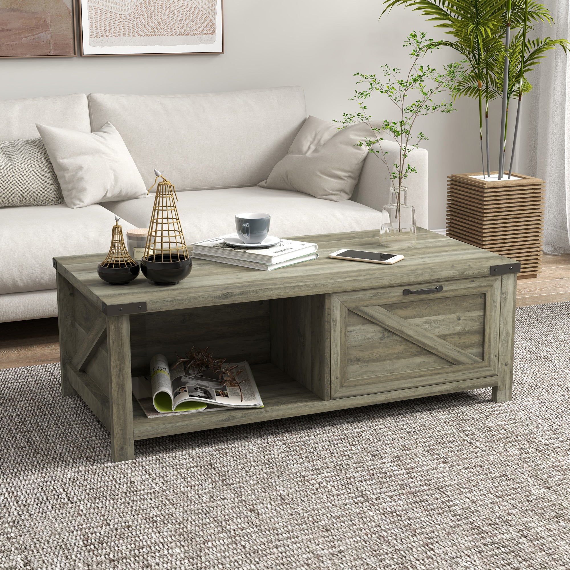 Farmhouse Coffee Table w/ Storage, Drawer & Open Shelf, Rustic Living Room Table, Gray Oak