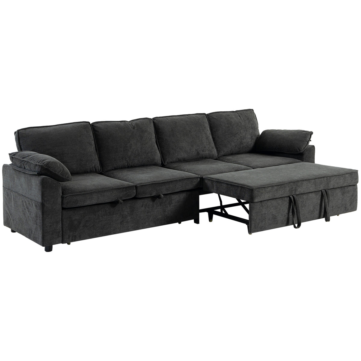 Sectional Sofa Bed, Sleeper Sofa Bed Couch with Double Pullout, Integrated Footrest, Chenille Fabric Futon for Living Room Bedroom Study, Dark Grey