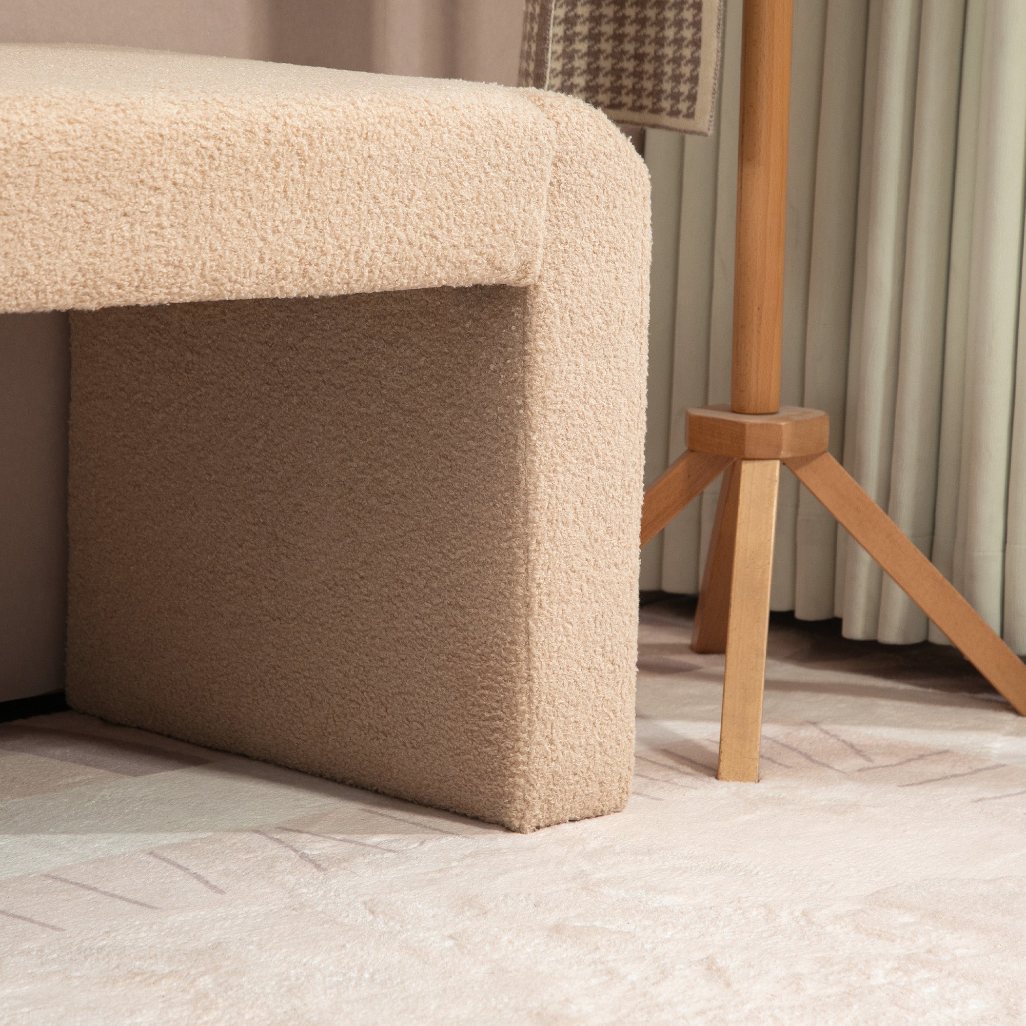 HOMCOM 39" Upholstered End of Bed Bench, Boucle Entryway Bench, Modern U-Shaped Ottoman Bench for Bedroom, Living Room, Hallway, Light Brown