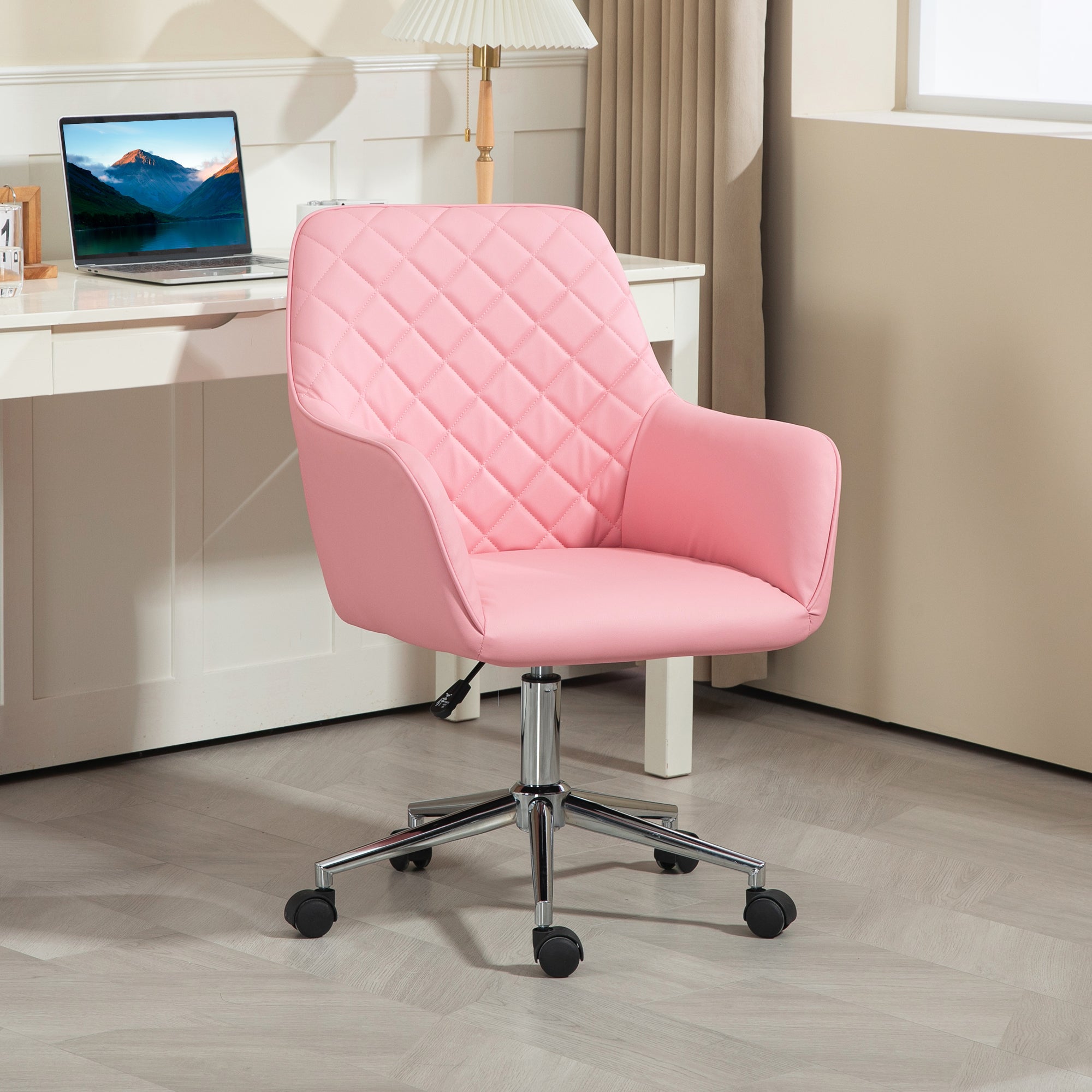Vinsetto Office Desk Chair, Leather-Feel Fabric Computer Swivel Chair with Rolling Wheels and Adjustable Height for Home, Pink