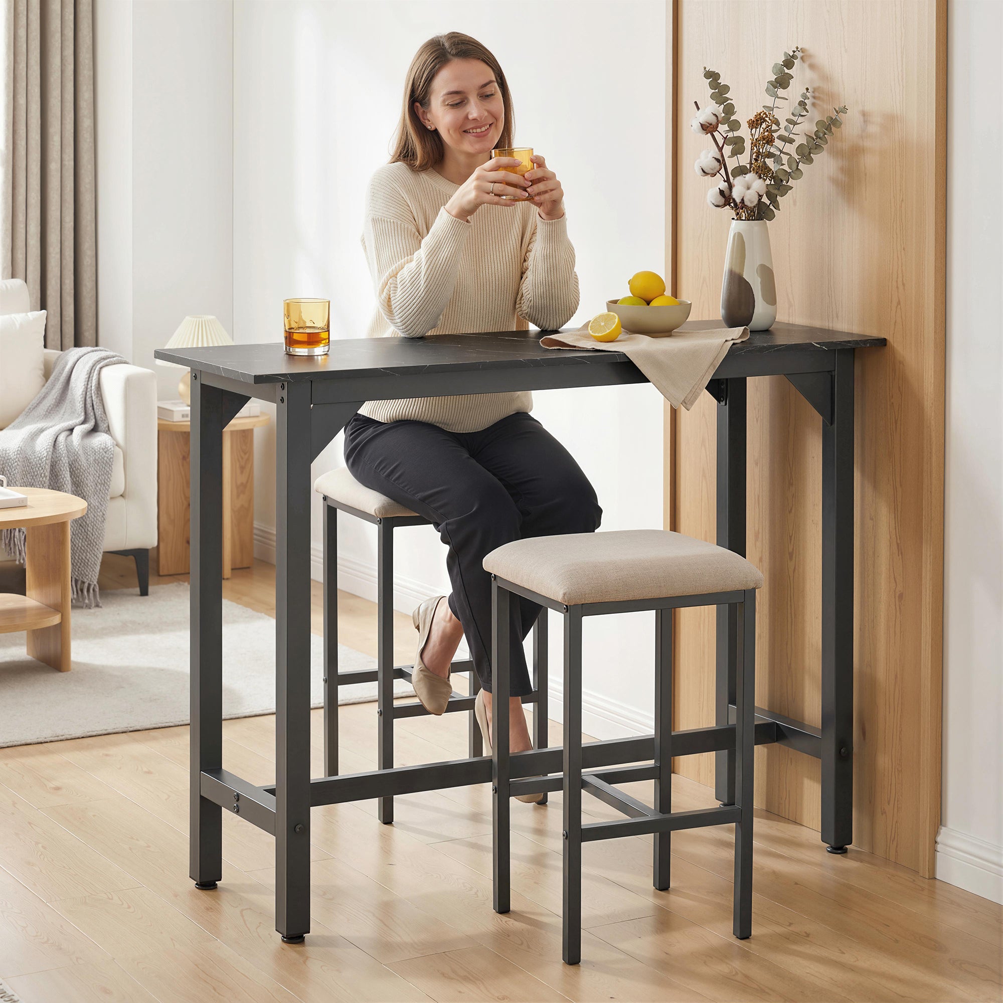 Rectangular Bar Table, Marble Effect Pub Coffee Table with Adjustable Footpads, Metal Frame, for Small Space, Breakfast Dining, Kitchen, Living Room, Industrial, Black Marble Effect