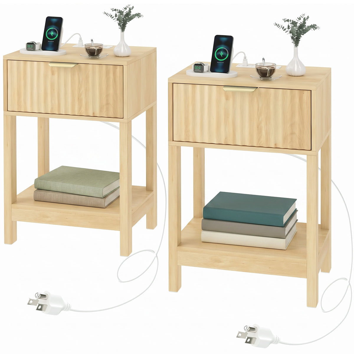 Modern Nightstand Set of 2, Slim Bedside Table with Drawer, Open Shelf and Charging Station, Night Stand with AC Power Outlets, USB and Type-C Port for Bedroom, Oak