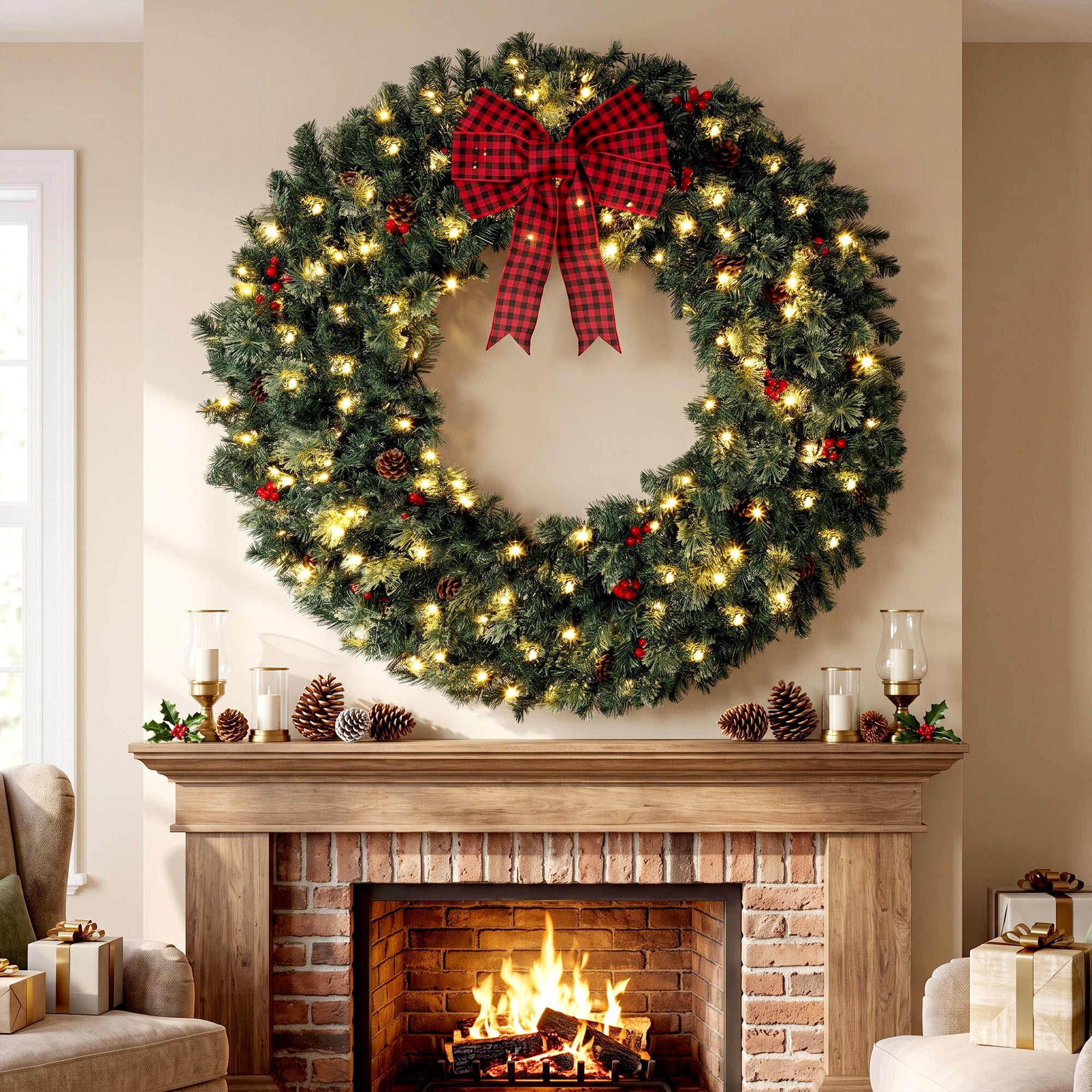 48 in Pre-Lit Crestwood Spruce Artificial Christmas Wreath, Christmas Decoration with Bow, 150 LED Lights, 500 Tips, 8 Modes, Red Berries, Pinecones for Door, Indoor Covered Outdoor, Green