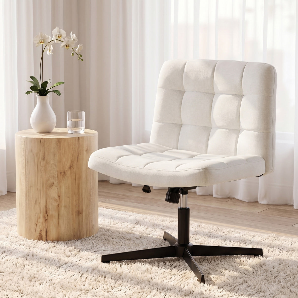 Armless Office Chair, Cross Legged Linen Computer Desk Vanity Chair with Wide Seat, Rocking Function, Swivel, Adjustable Height for Home Office, Study, Bedroom, Makeup, Beige