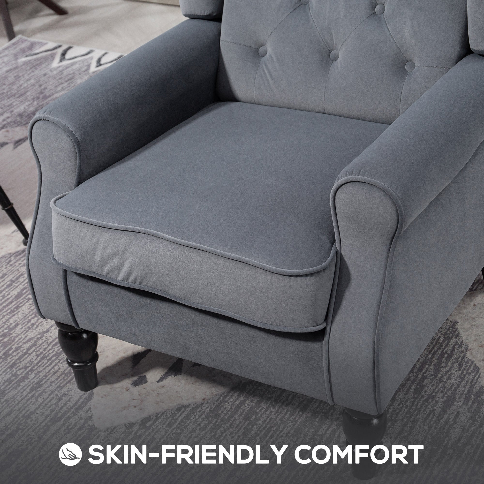 Retro Accent Chair, Velvet Wingback Armchair with Wood Frame Button Tufted Design for Living Room Bedroom, Grey