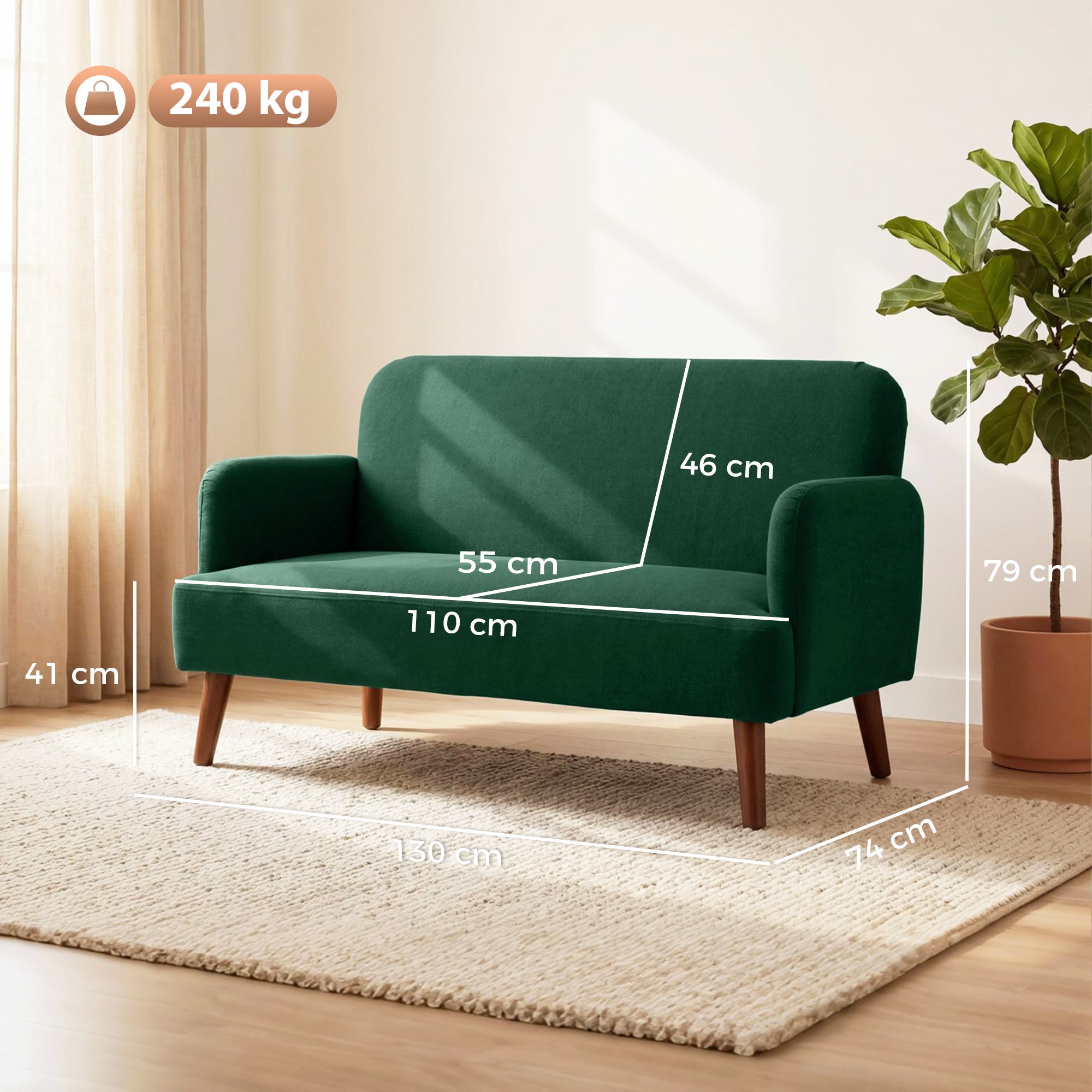 2 Seater Sofa, Small Sofa with 21cm Thick Padding and Wood Legs, Modern Velvet Feel Fabric Loveseat for Living Room, Bedroom, Home Office, Dark Green