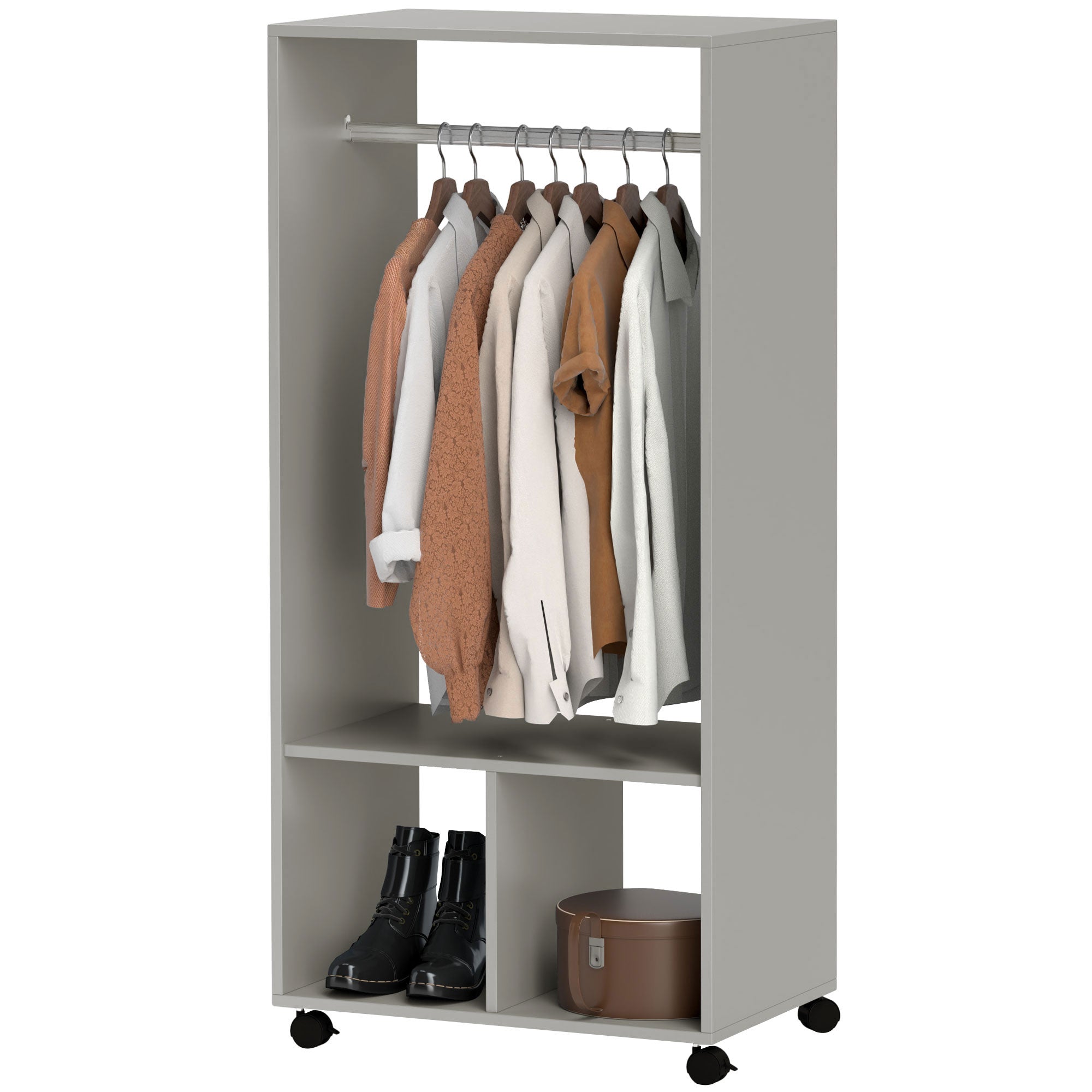 HOMCOM Open Wardrobe for Bedroom, Small Wardrobe on Wheels with Clothes Rail, Storage Shelves, Mobile Garment Rack for Clothes Storage, Cloakroom, Hallway, Grey