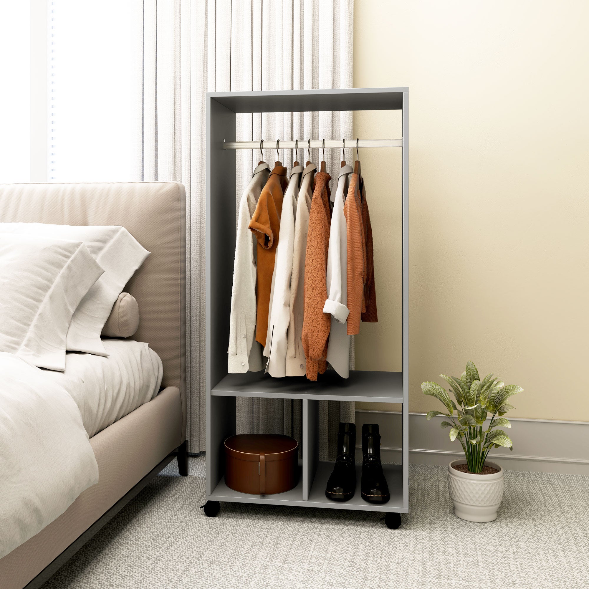 HOMCOM Open Wardrobe for Bedroom, Small Wardrobe on Wheels with Clothes Rail, Storage Shelves, Mobile Garment Rack for Clothes Storage, Cloakroom, Hallway, Grey