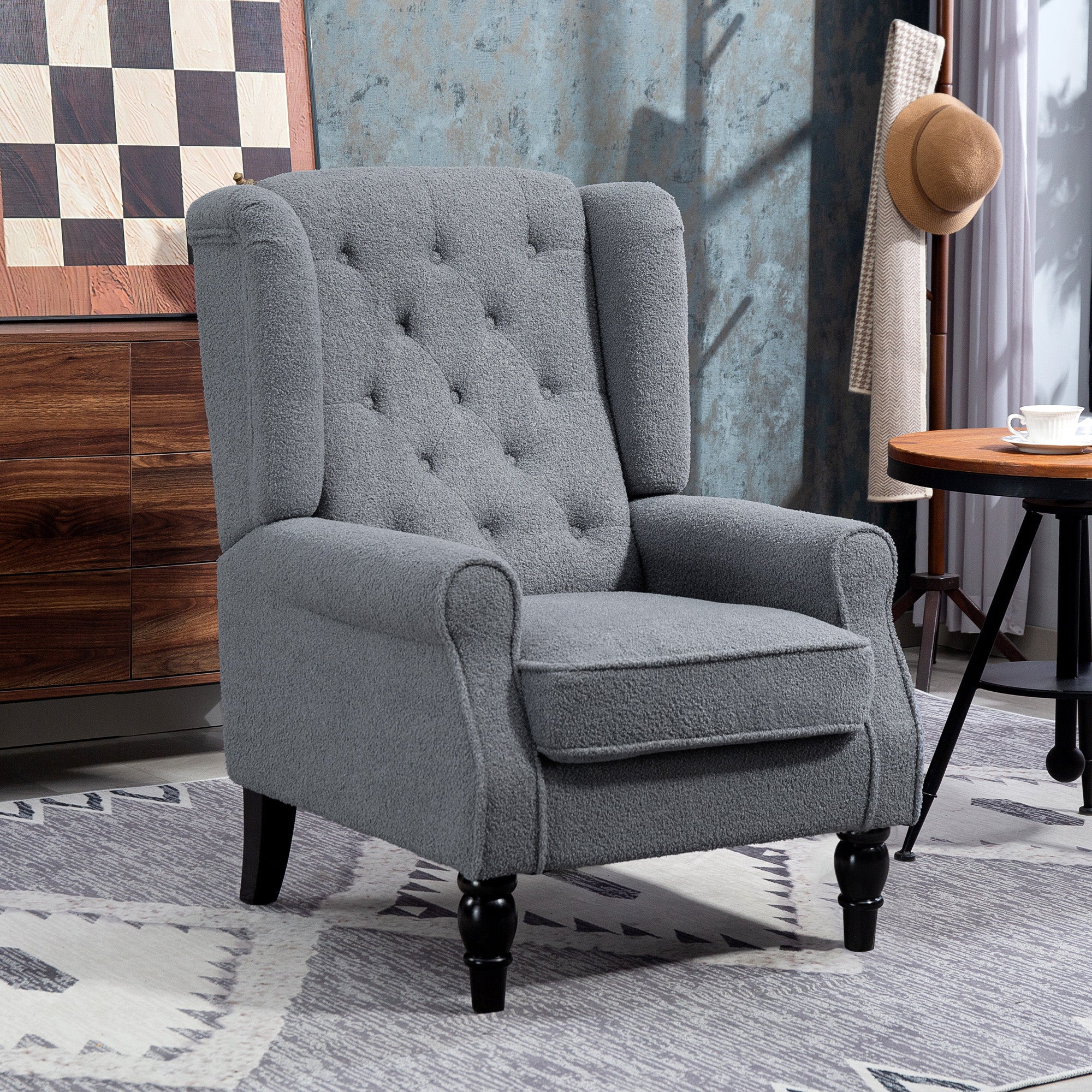 Retro Accent Chair, Teddy Fleece Wingback Armchair with Wood Frame Button Tufted Design for Living Room Bedroom, Grey