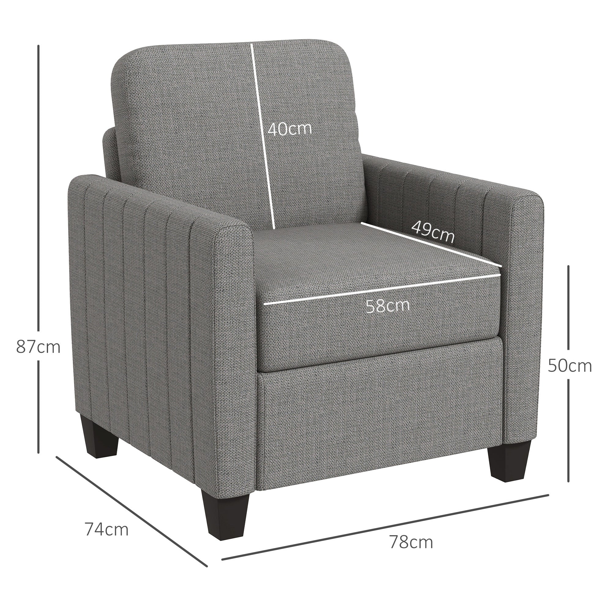 HOMCOM Armchair, Channel Tufted Modern Fabric Accent Chair, Comfy Upholstered Reading Lounge with Spring Cushion, Back Pillow, for Living Room, Bedroom, Office, Light Grey
