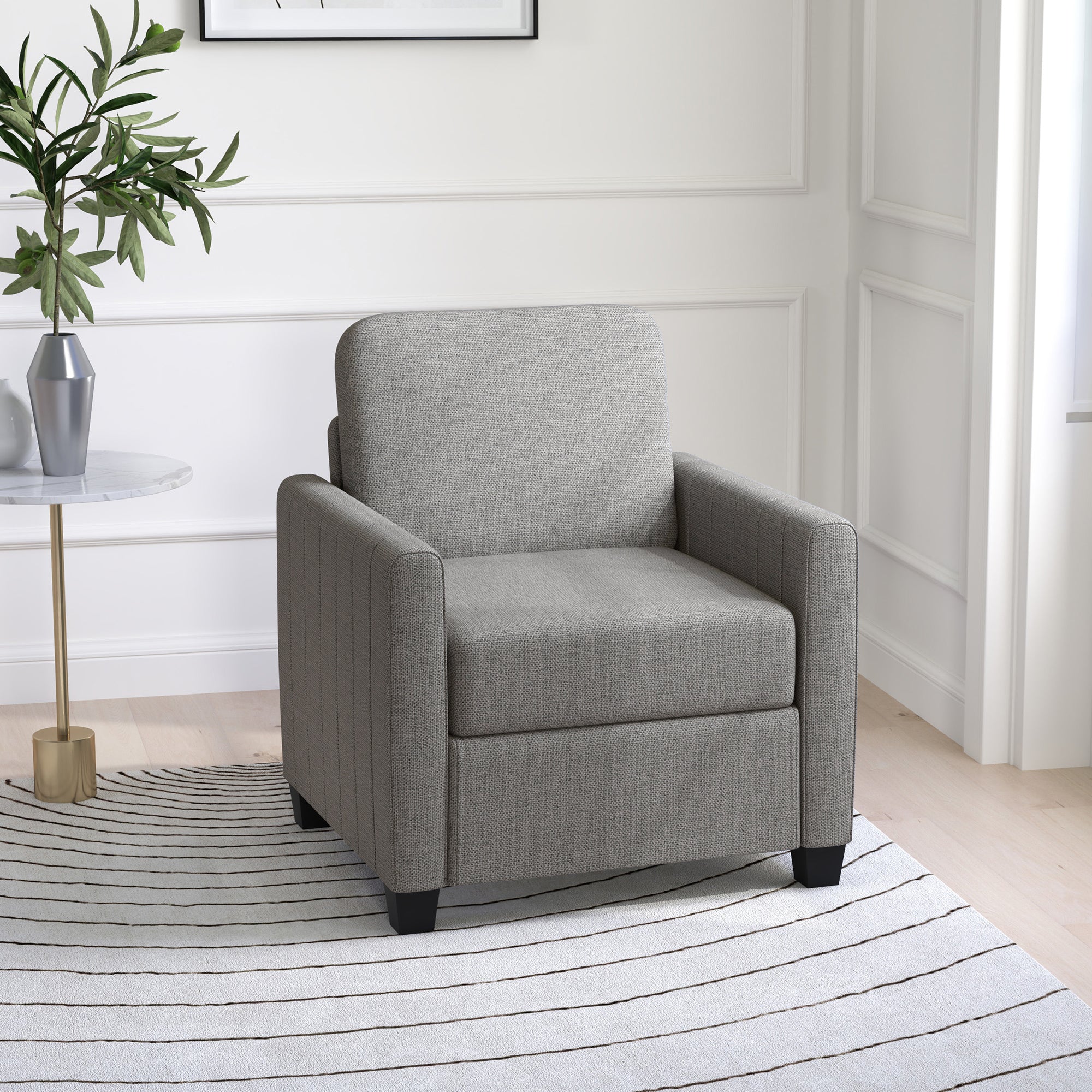 HOMCOM Armchair, Channel Tufted Modern Fabric Accent Chair, Comfy Upholstered Reading Lounge with Spring Cushion, Back Pillow, for Living Room, Bedroom, Office, Light Grey