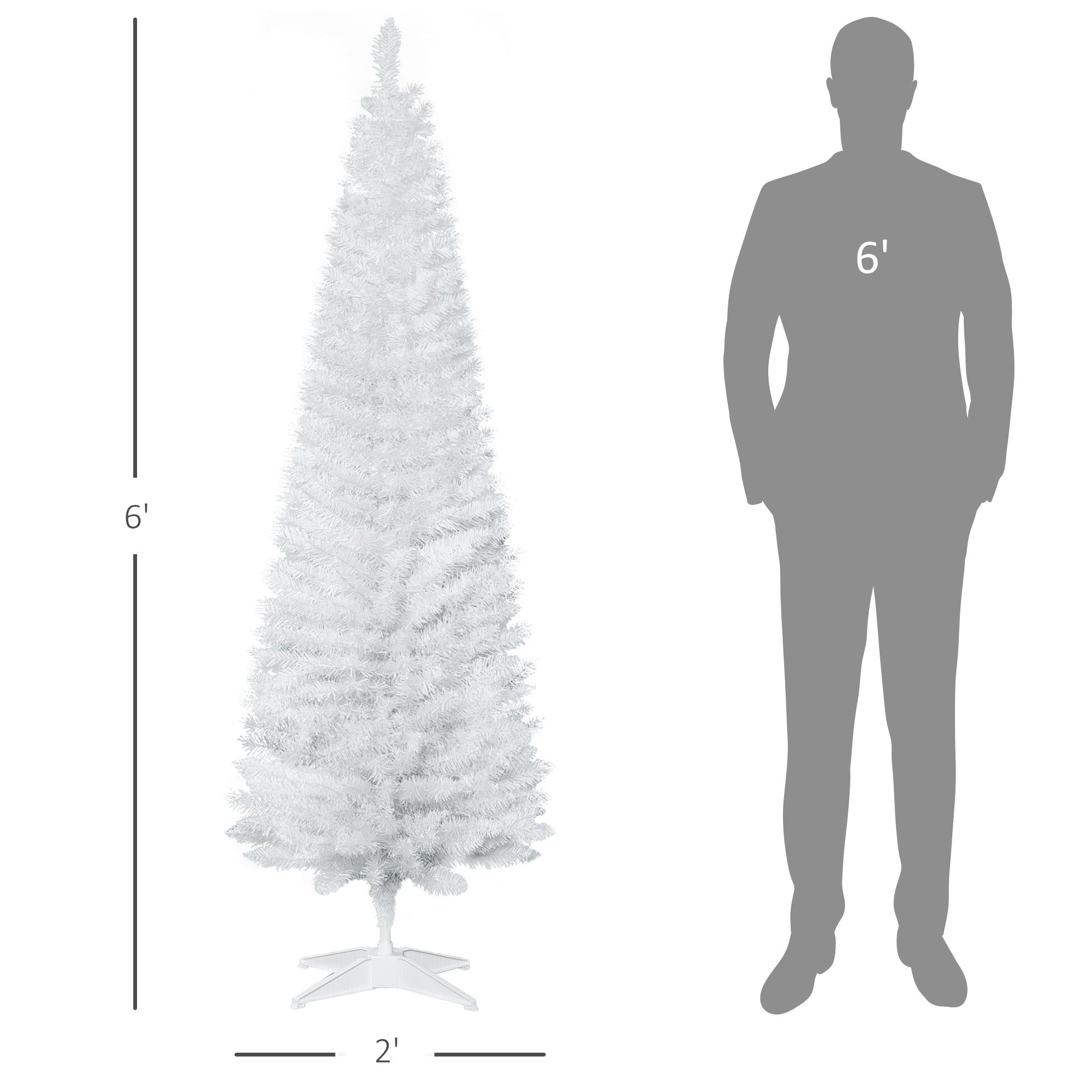 6' Artificial Pencil Christmas Tree, Slim Xmas Tree with 390 Realistic Branch Tips and Plastic Stand, White
