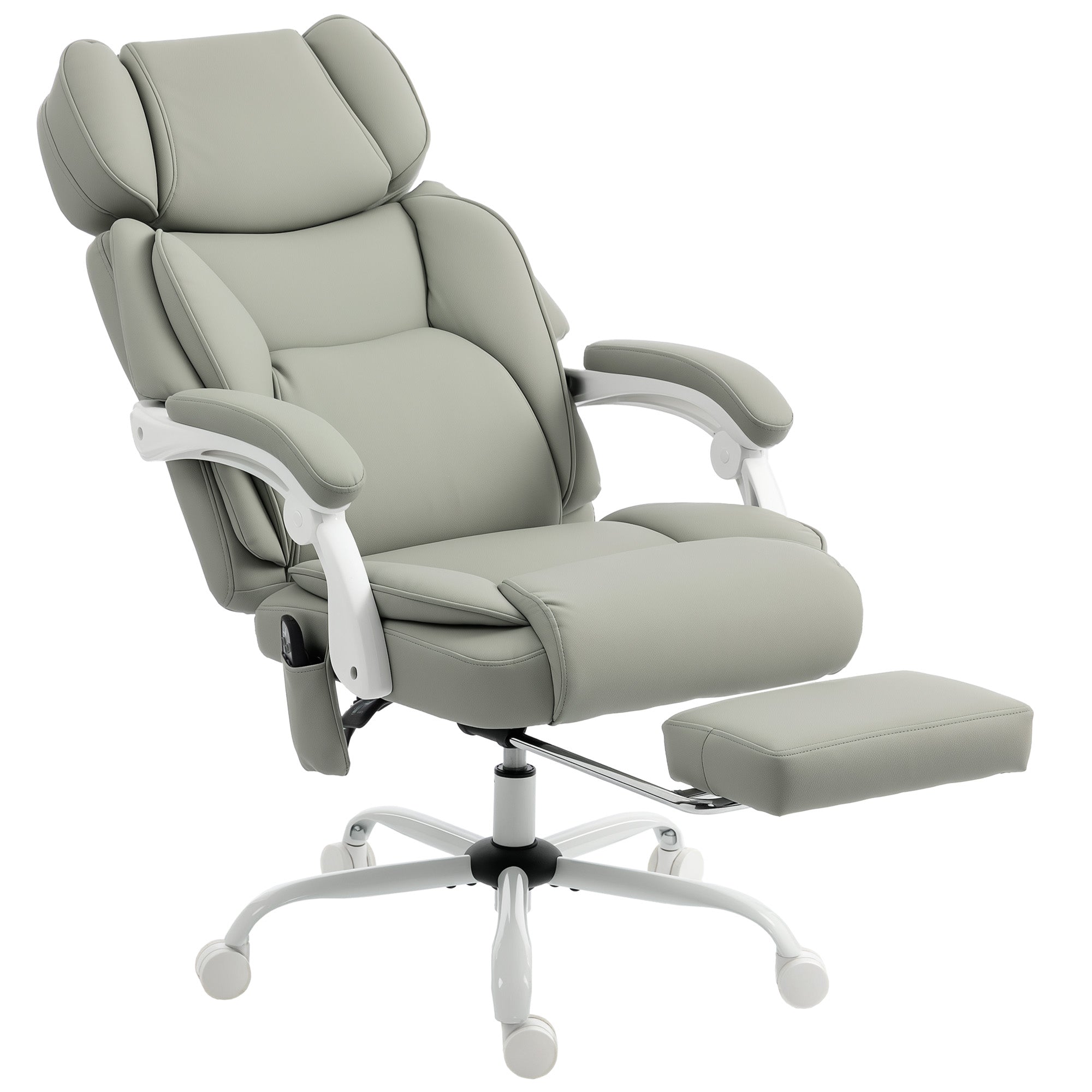 High Back Vibration Massage Office Chair, Heated Reclining PU Leather Computer Chair with Headrest, Footrest, Padded Armrests, Adjustable Height, Swivel Wheels, Remote, Light Gray