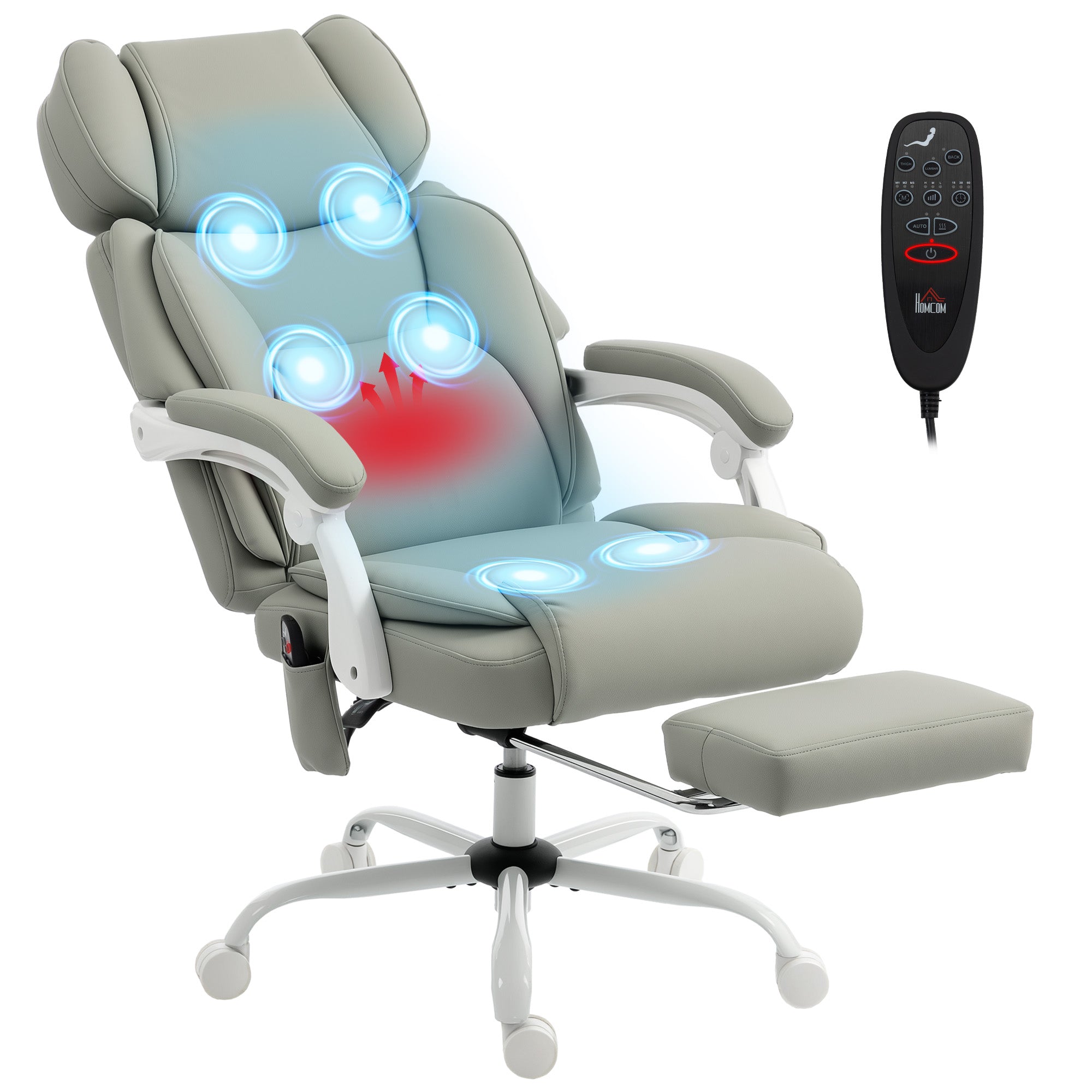 High Back Vibration Massage Office Chair, Heated Reclining PU Leather Computer Chair with Headrest, Footrest, Padded Armrests, Adjustable Height, Swivel Wheels, Remote, Light Gray