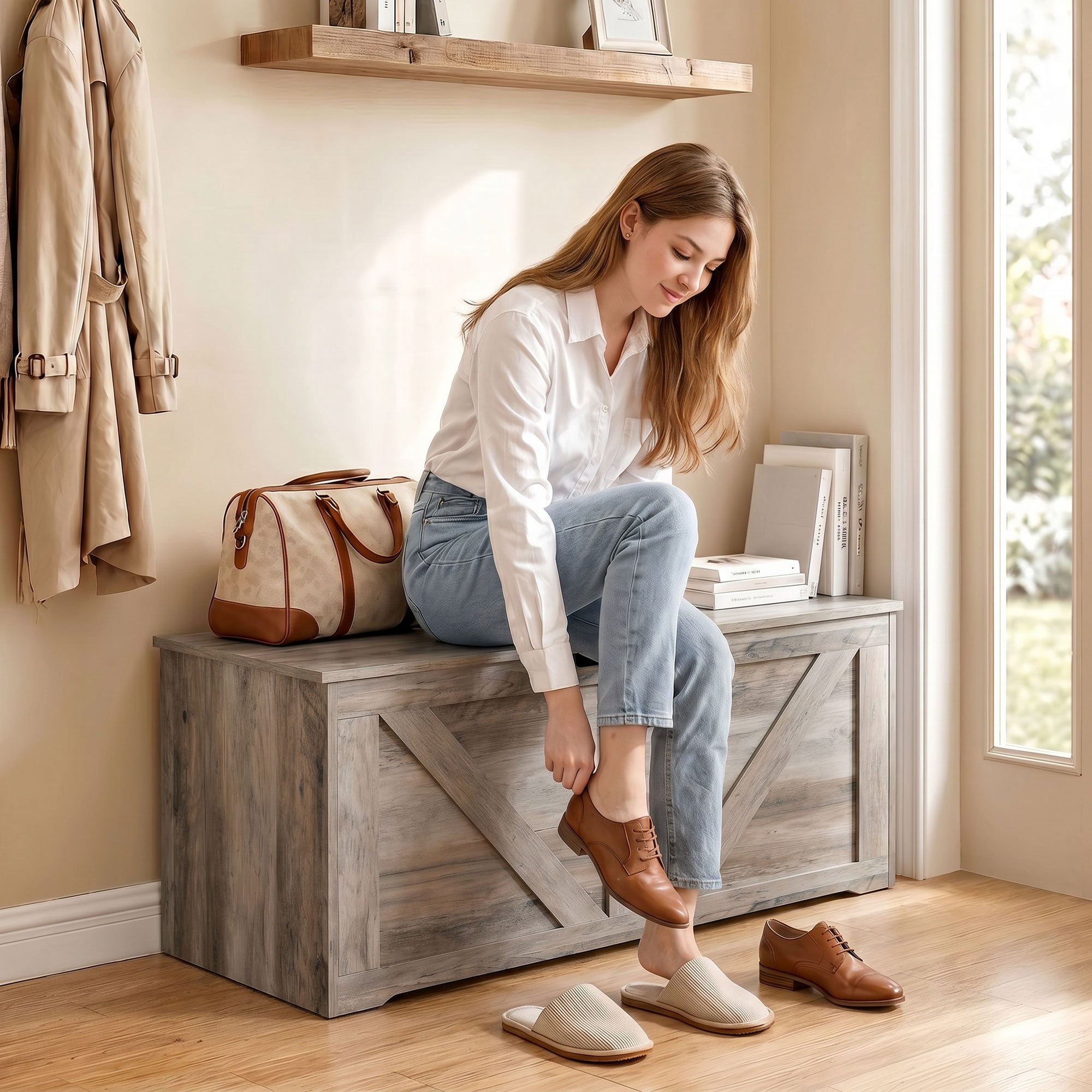 100L Storage Chest, Shoe Storage Trunk Bench Box with Safety Hinge and U-shaped Cut-out Pull, Blanket Box Ottoman for Bedroom, Living Room, Entryway, 80 x 40 x 45 cm, Grey Wood-Effect