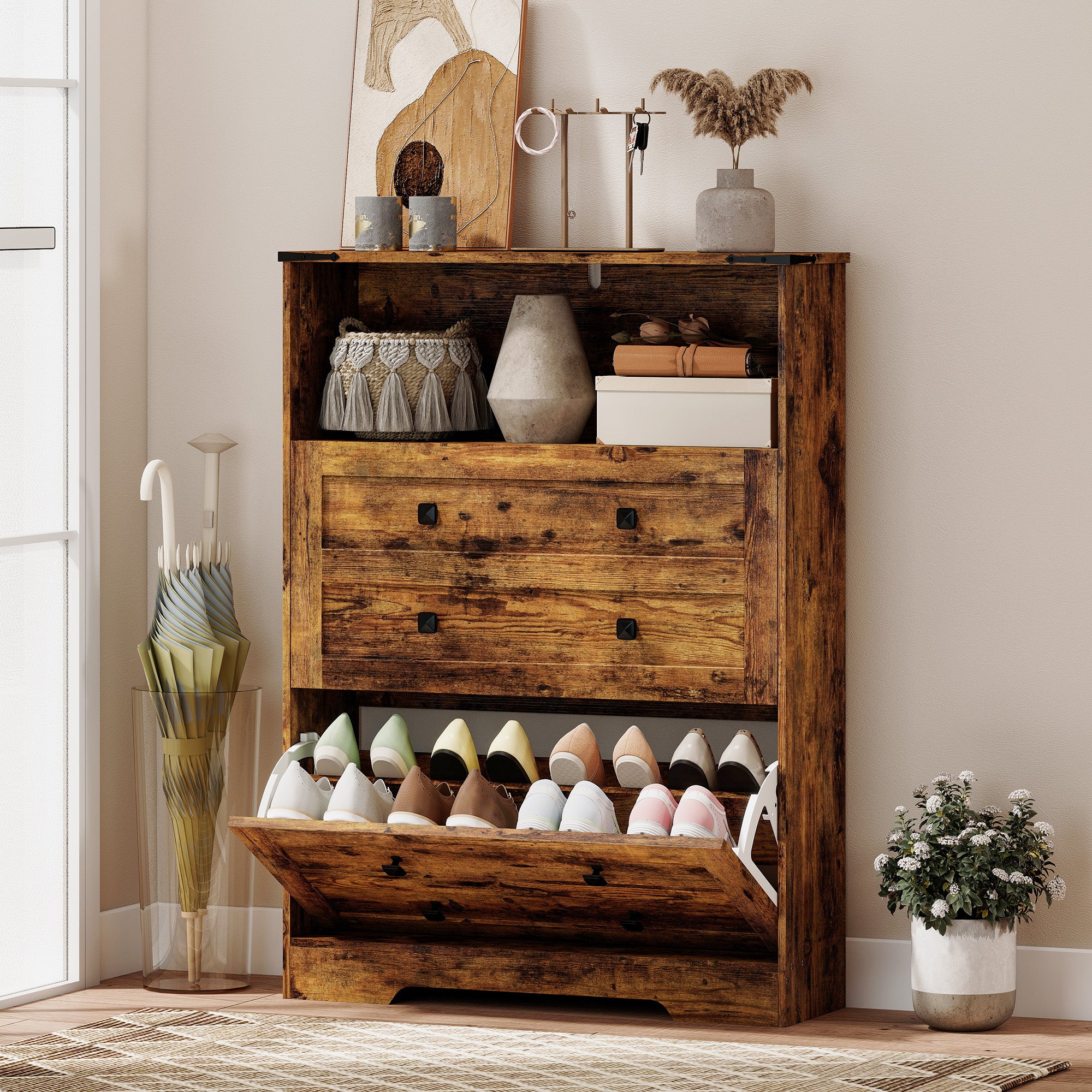 Shoe Cabinet with 2 Flip Drawers, Narrow Shoe Storage Cabinet with Adjustable Shelves and Open Shelf, Farmhouse Storage Organizer for Entryway, Hallway, Holds 12-16 Pairs, Rustic Brown