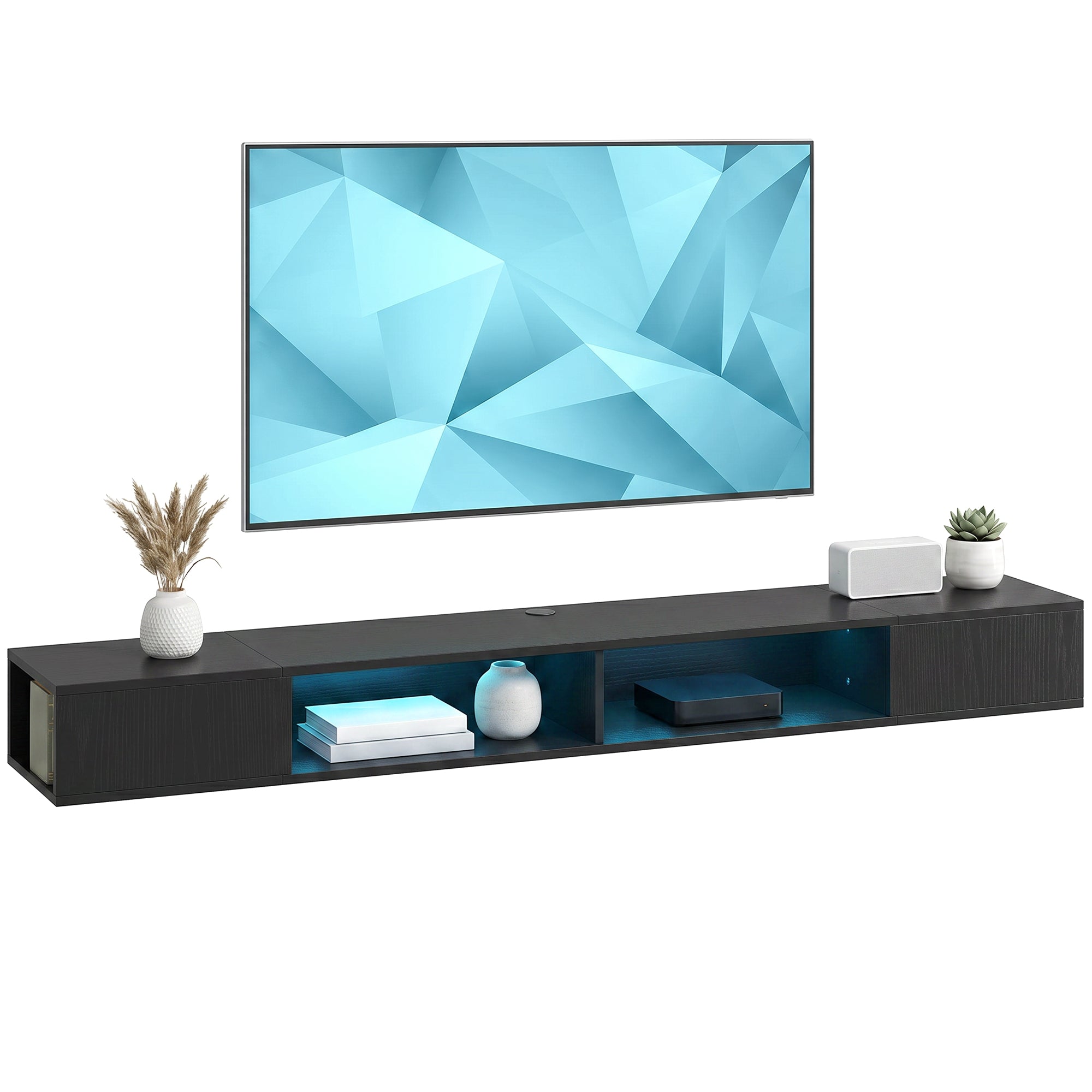 TV Stand for TVs up to 75 Inch, Modern Entertainment Center with RGB LED Lights, Floating Wall-Mounted Media Console with Open Shelves for Living Room, Black Wood Grain