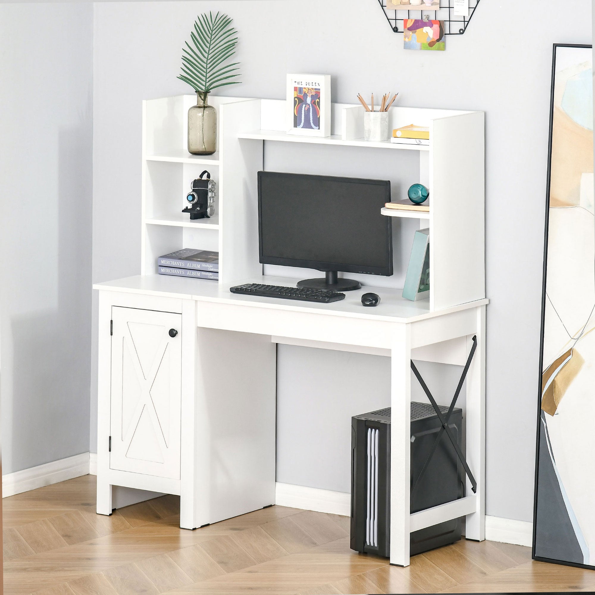 Computer Desk with Hutch Home Office Desk with Storage Cabinet White