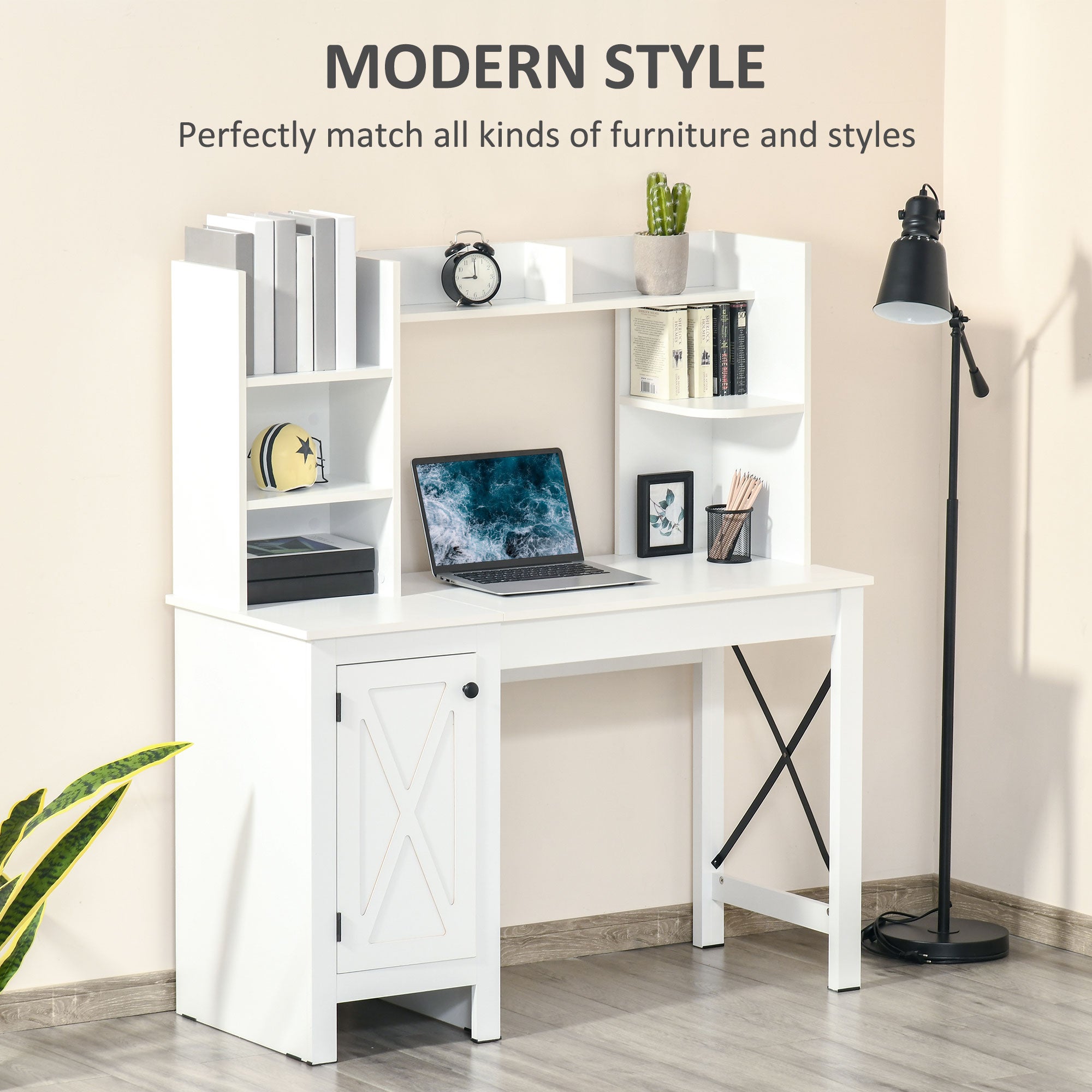 Computer Desk with Hutch Home Office Desk with Storage Cabinet White
