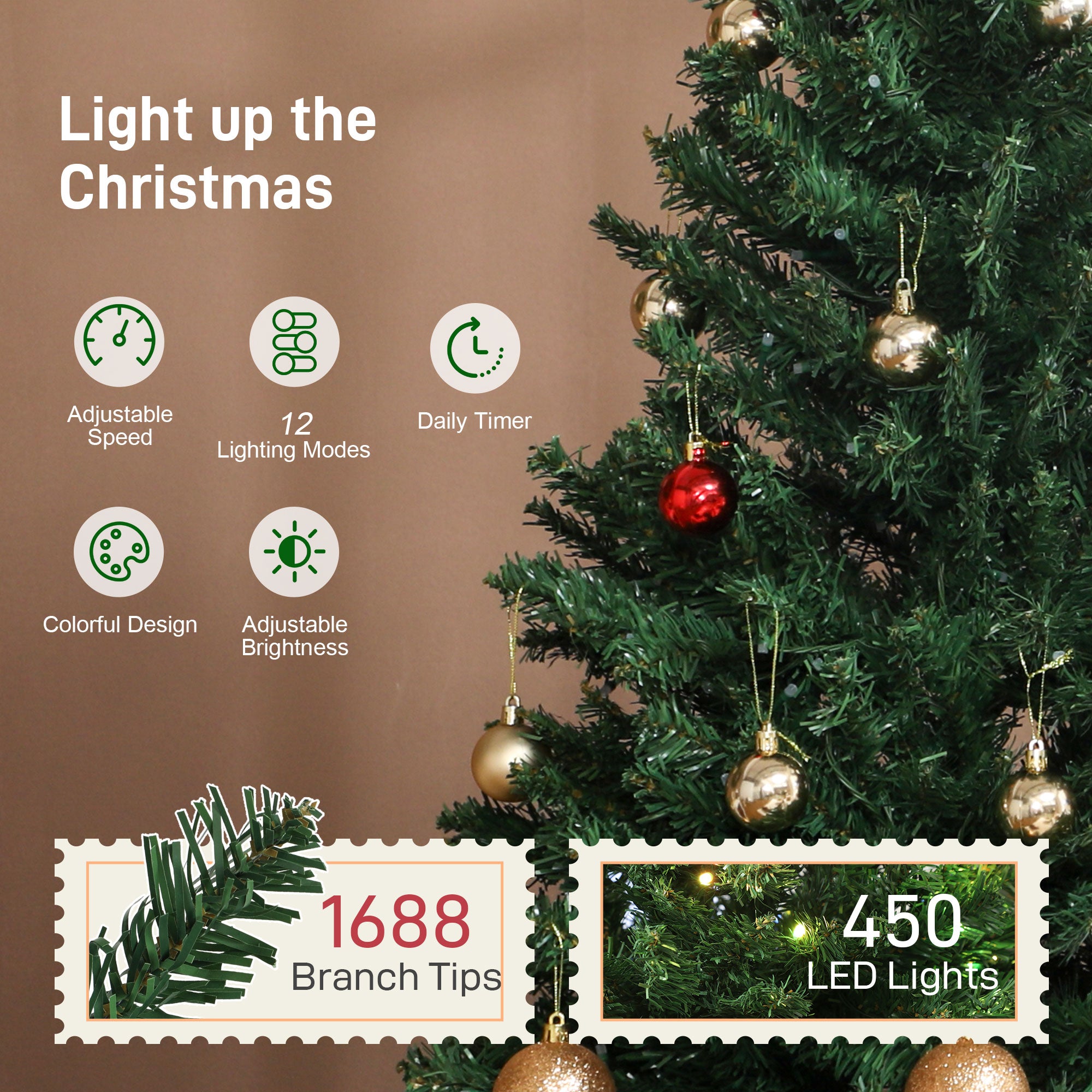 7.5ft Prelit Christmas Tree with Warm White & Color Changing LEDs, DIY, Remote Control, Daily Timer, Artificial Fir Holiday Decoration, Hinged Xmas Tree with 12 Modes, Easy Assembly, Green