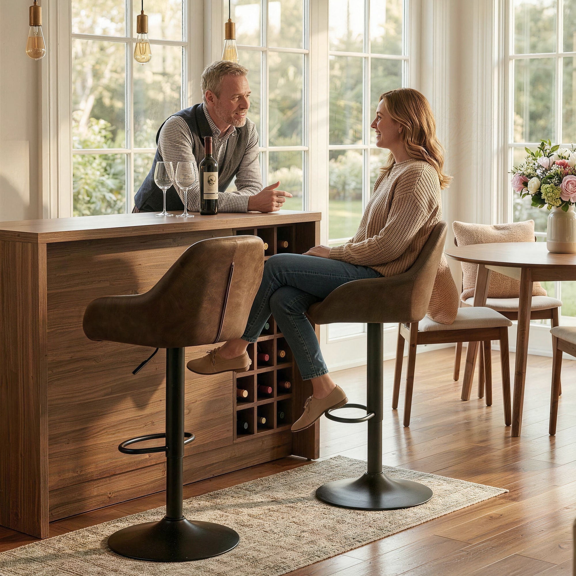 Adjustable Bar Stools Set of 2, Swivel Dining Chairs with Footrest and Back, Modern PU Leather and Steel Round Base, for Kitchen Counter and Dining Room, Coffee
