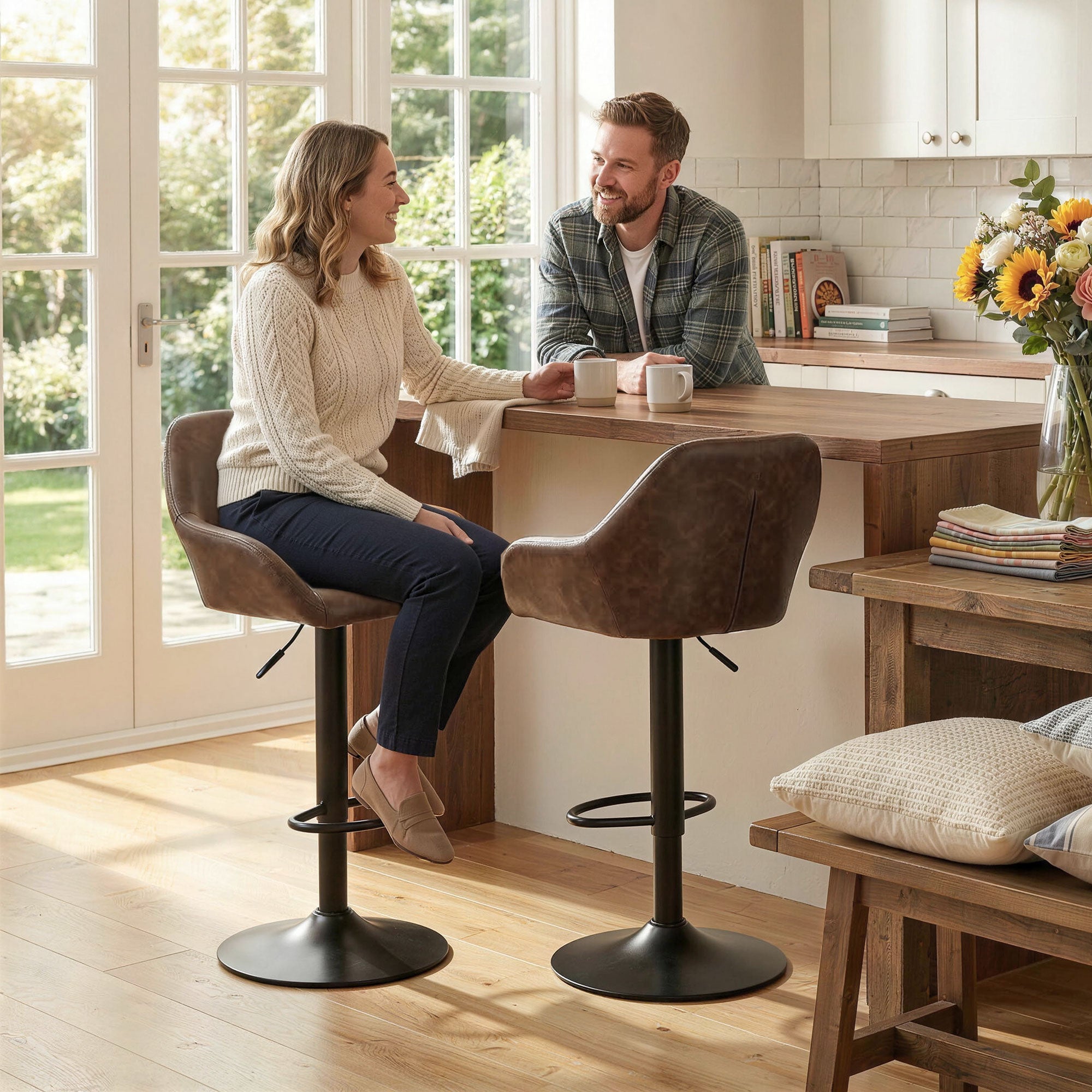 Adjustable Bar Stools Set of 2, Swivel Dining Chairs with Footrest and Back, Modern PU Leather and Steel Round Base, for Kitchen Counter and Dining Room, Coffee