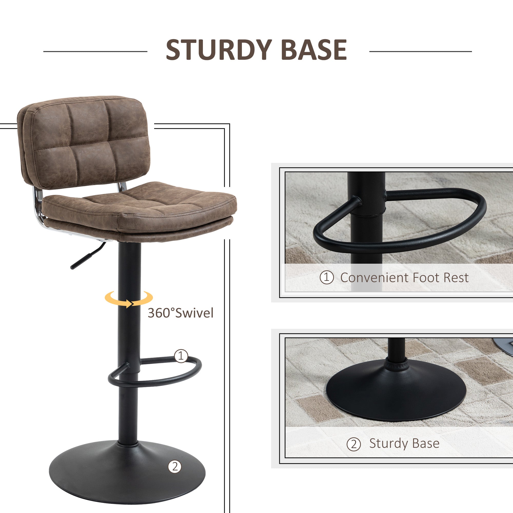Bar Stools Set of 2, Swivel Counter Height Barstools with Adjustable Height, Back and Footrest, PU Leather Upholstered Bar Chairs for Home Kitchen Island, Brown and Black