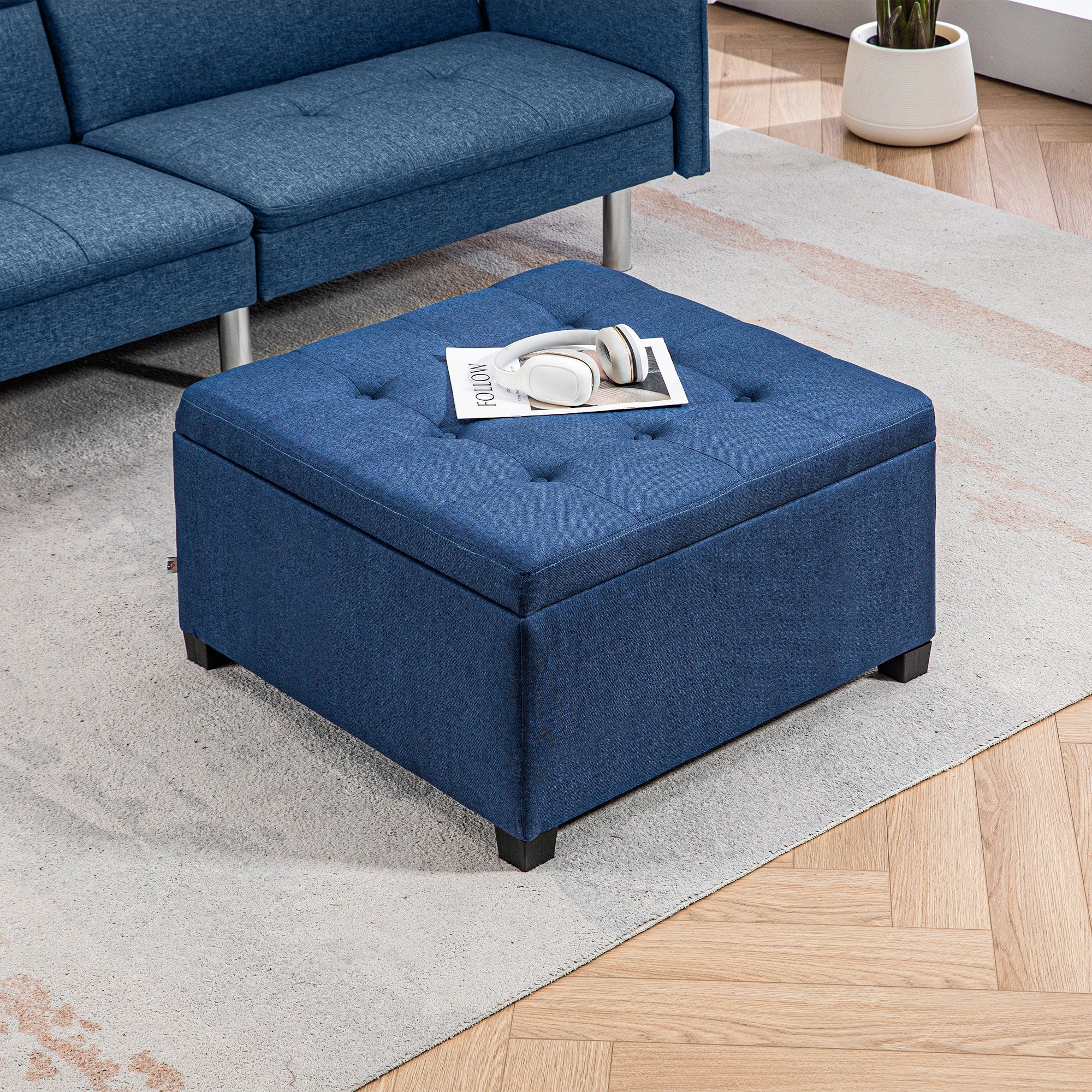 Round Storage Ottoman Bench, Button Tufted Ottoman with Flip Top for Entryway, Blue