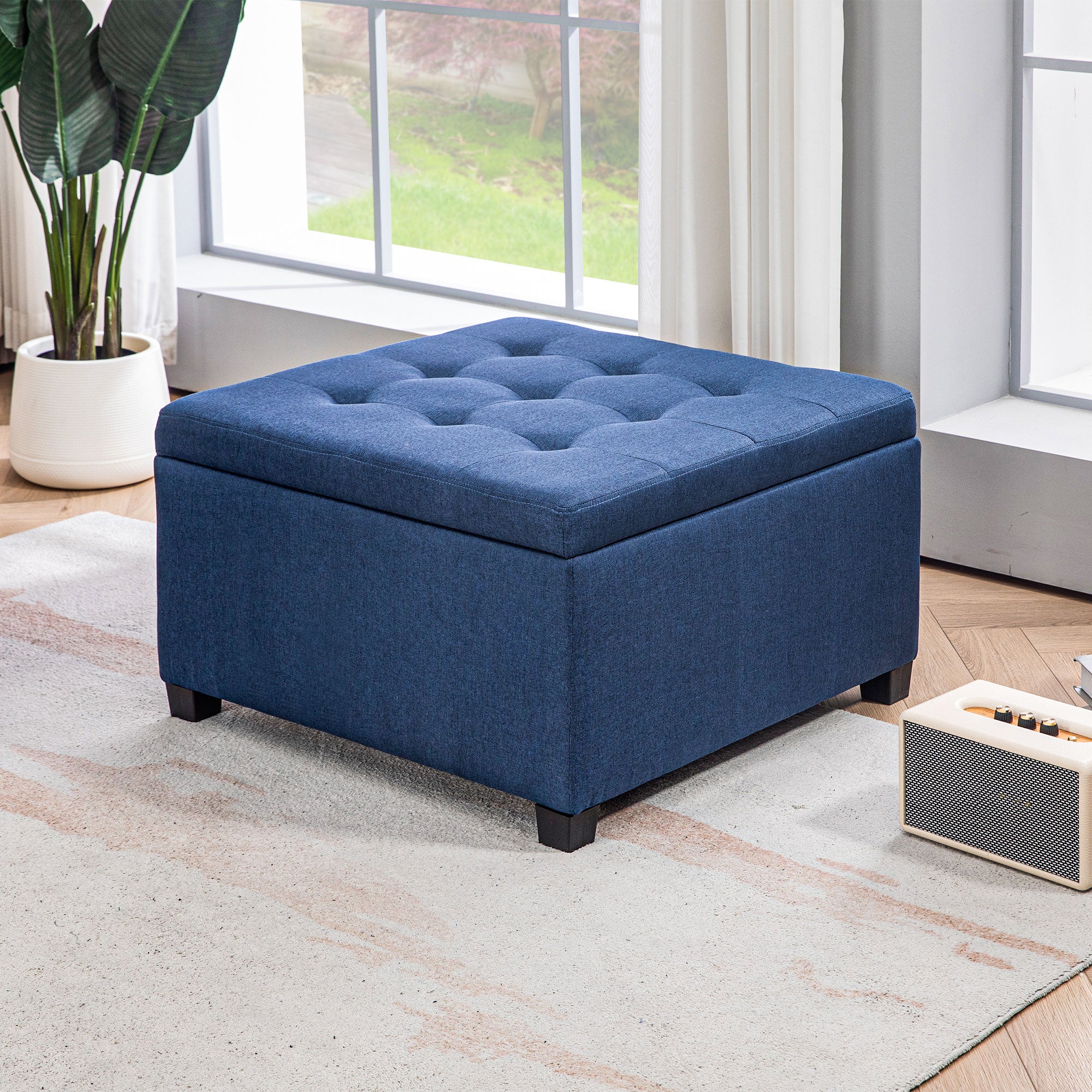 Round Storage Ottoman Bench, Button Tufted Ottoman with Flip Top for Entryway, Blue
