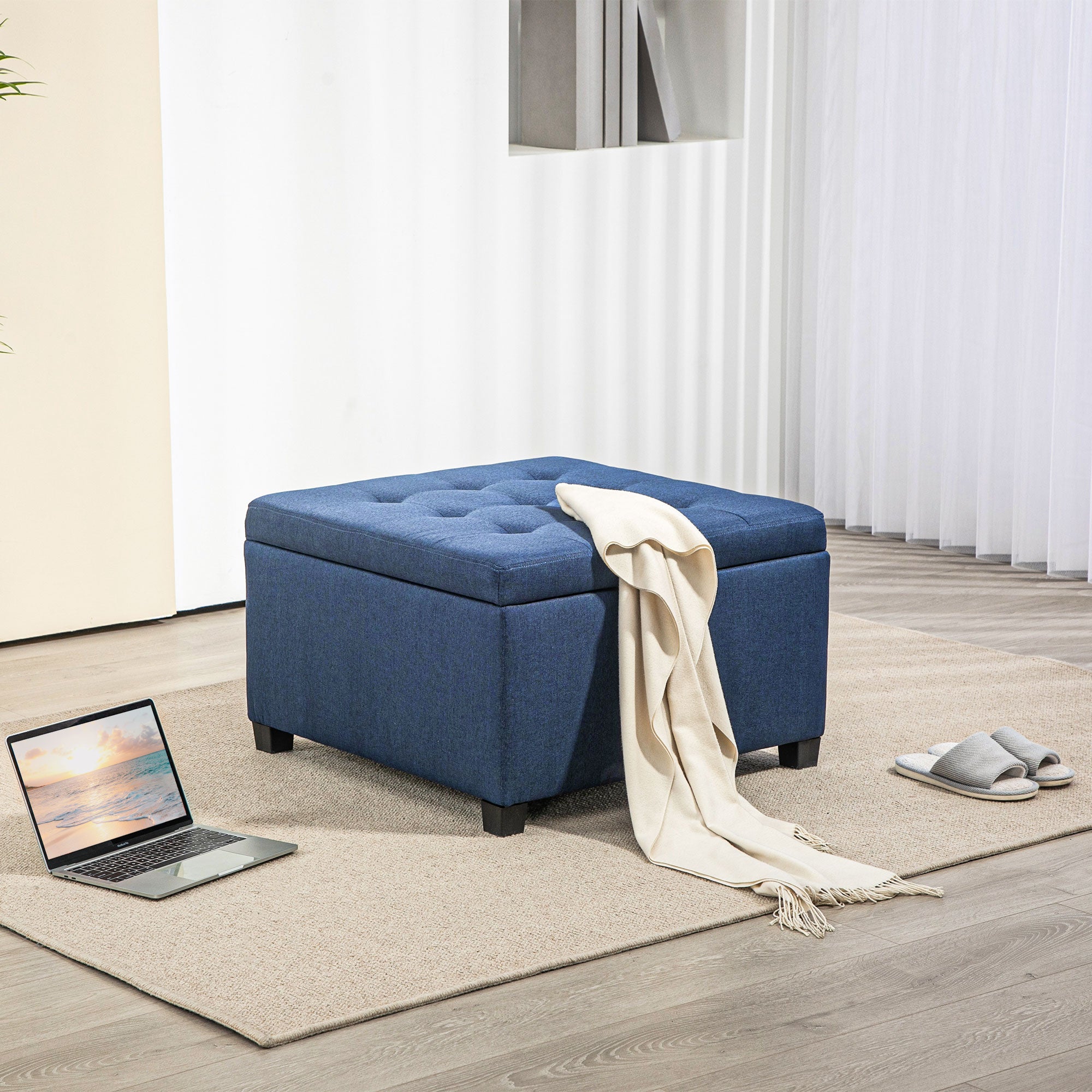 Round Storage Ottoman Bench, Button Tufted Ottoman with Flip Top for Entryway, Blue