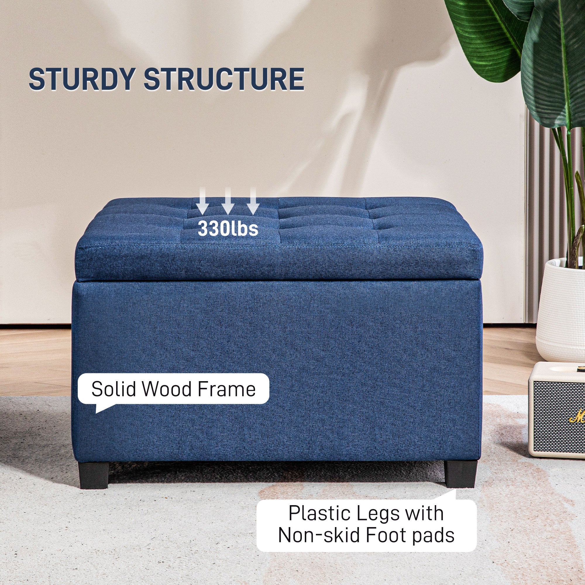 Round Storage Ottoman Bench, Button Tufted Ottoman with Flip Top for Entryway, Blue