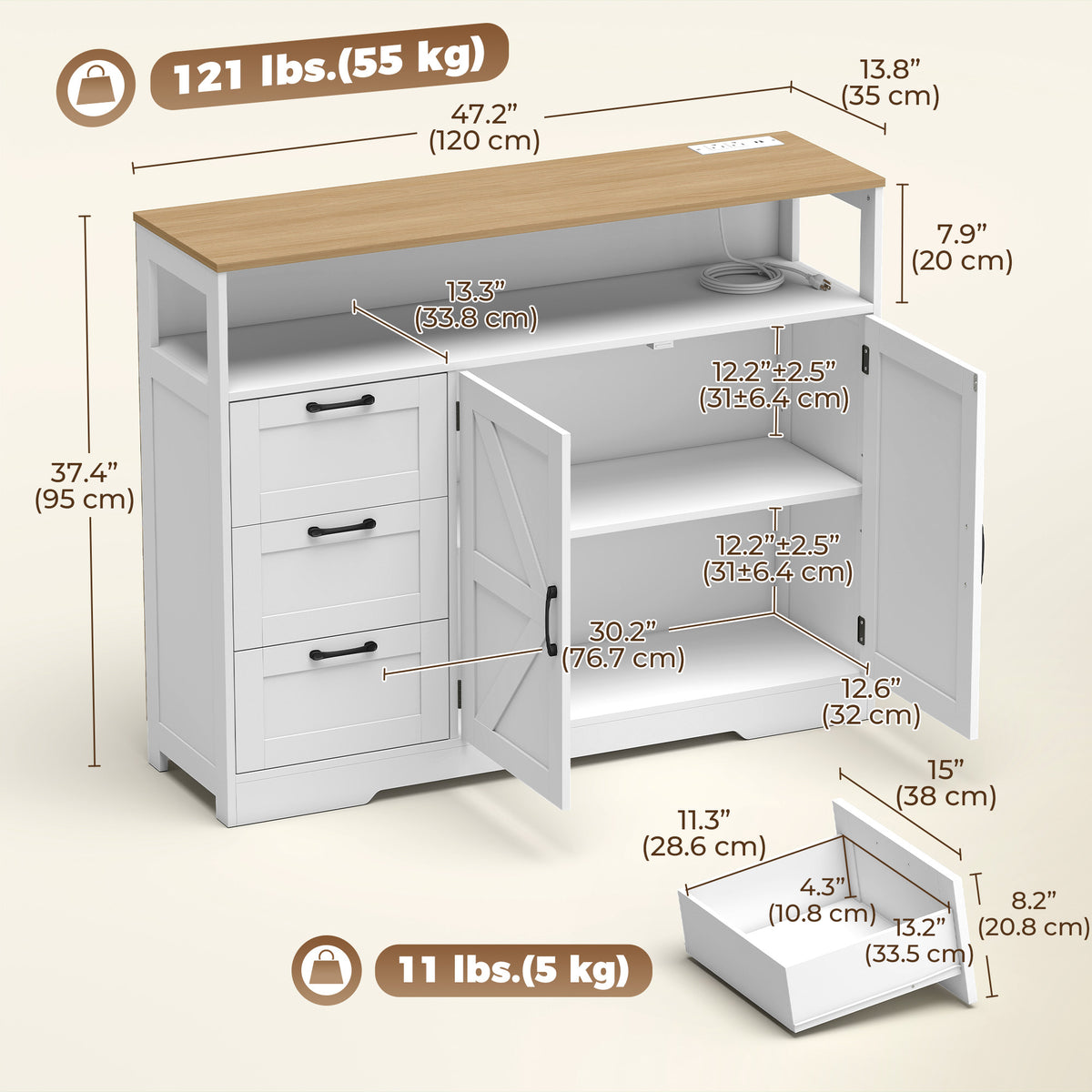 Sideboard Buffet Cabinet with Storage and Charging Station, 48" Farmhouse Kitchen Storage Cabinet with 3 Drawers and Open Shelf, Coffee Bar Station with Adjustable Shelf