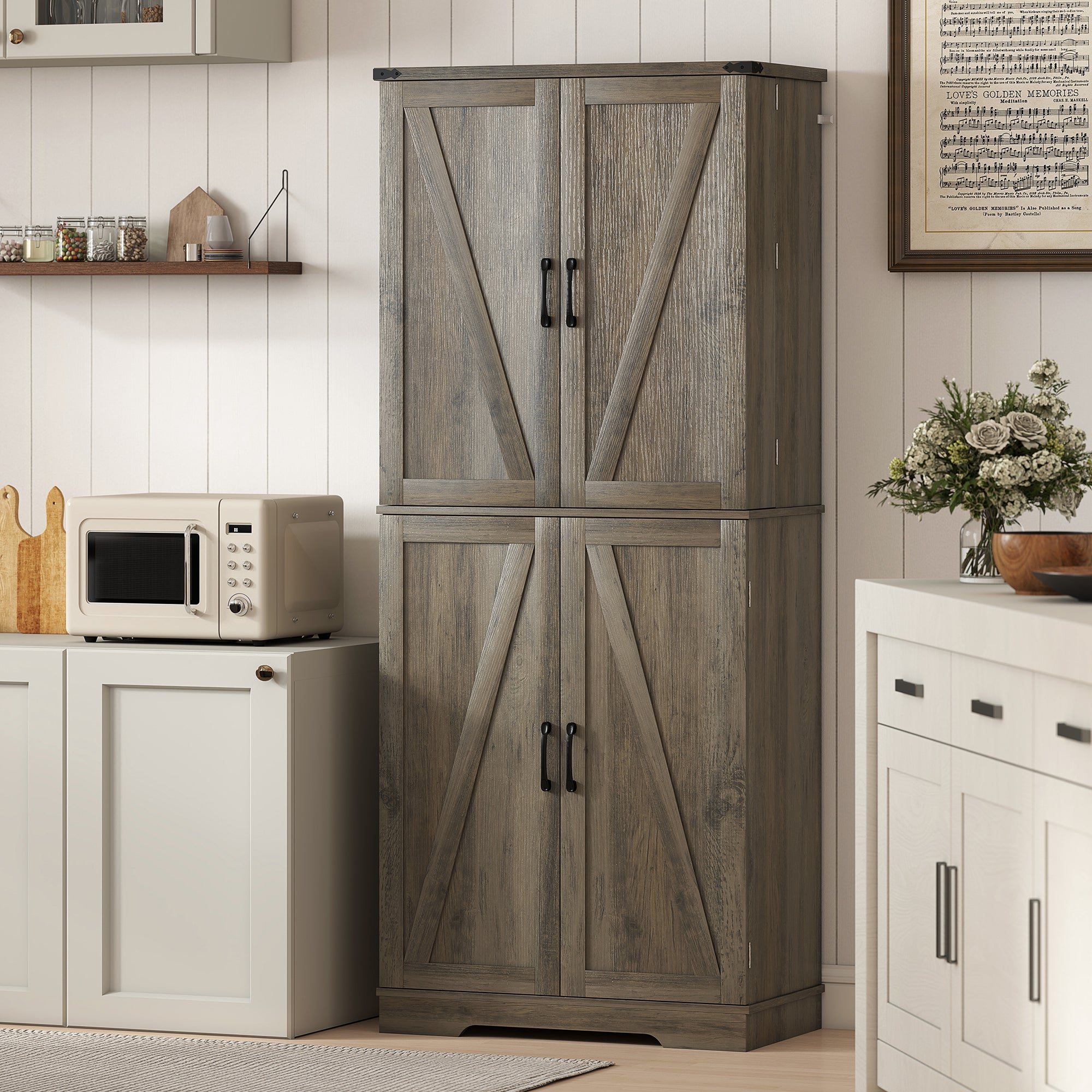 72" Kitchen Pantry Cabinet, Farmhouse Freestanding Tall Kitchen Storage Cabinet with 4 Barn Doors, Hidden Drawer, 8 Door Shelves and Adjustable Shelf, Light Ivory Grey