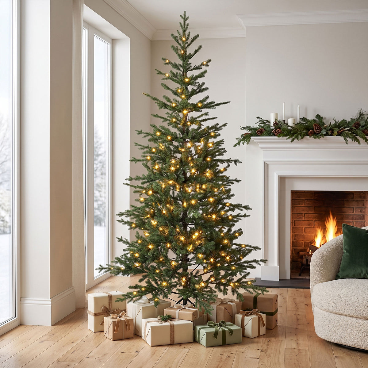 7ft Prelit Sparse Christmas Tree, Artificial Downswept Hinged Xmas Tree with 300 Warm White LED Lights, 8 Modes, 2517 Tips, Metal Stand, Green