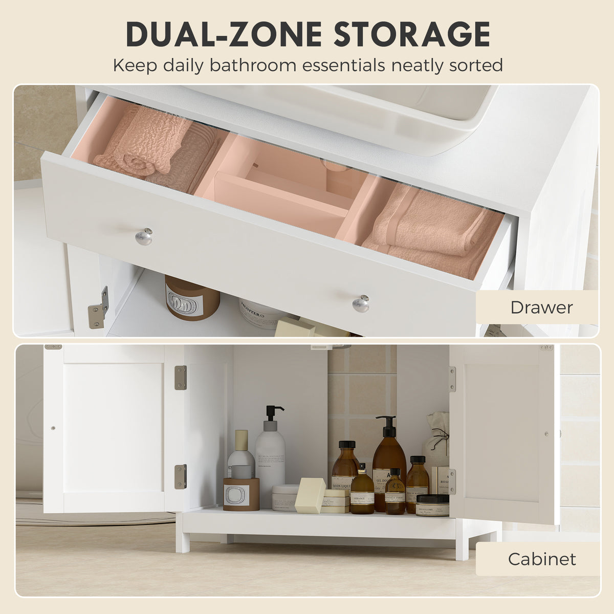 23.6" Modern Bathroom Vanity Cabinet, Freestanding Under Sink Cabinet with Drawer and 2 Doors, U-Shape Cutout for Pedestal Sink, White
