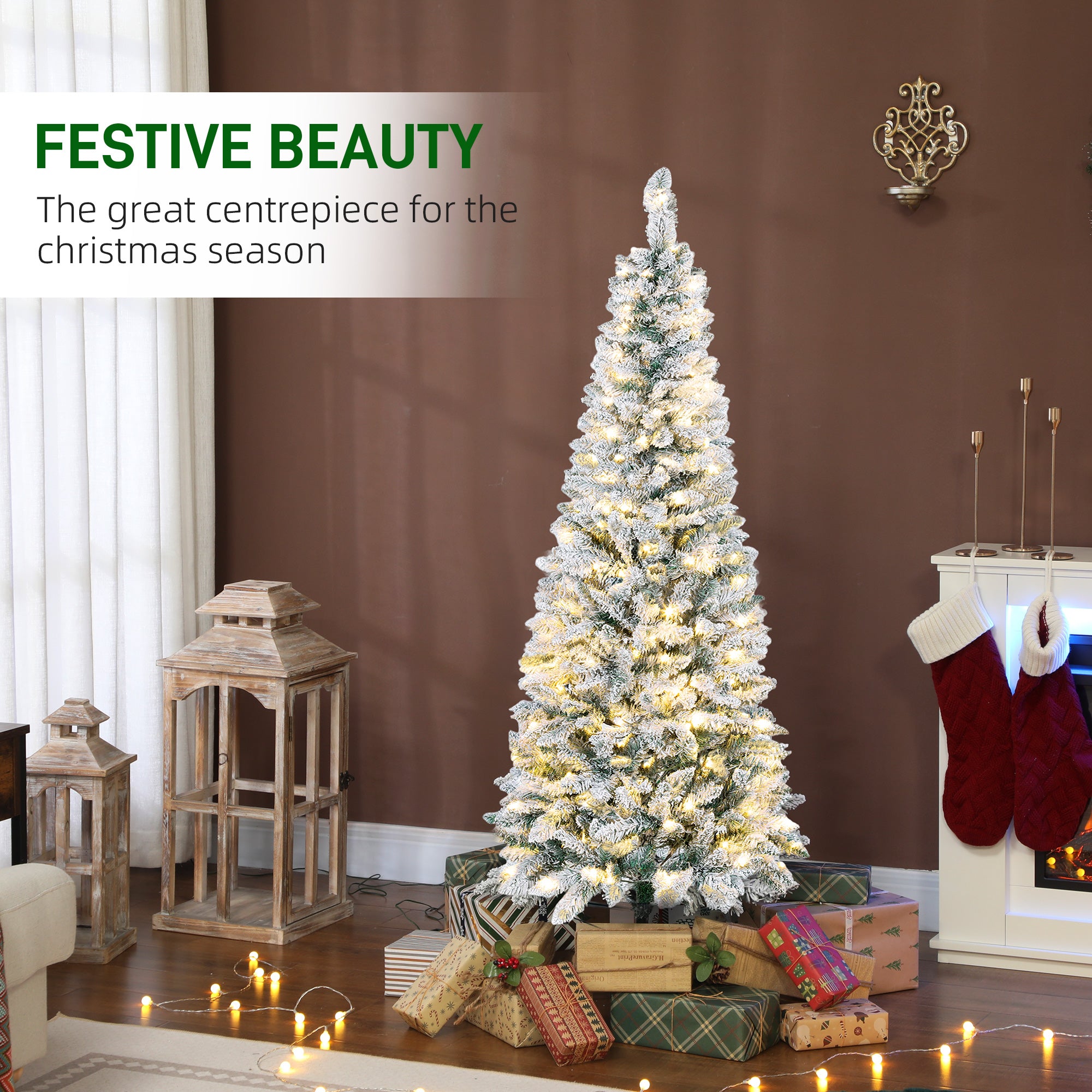 5ft Flocked Prelit Christmas Tree with Dual Colour LED Light, Pencil Shape, Hinged Xmas Tree with 11 Light Modes, Metal Stand, Easy Assembly for Holiday Decor